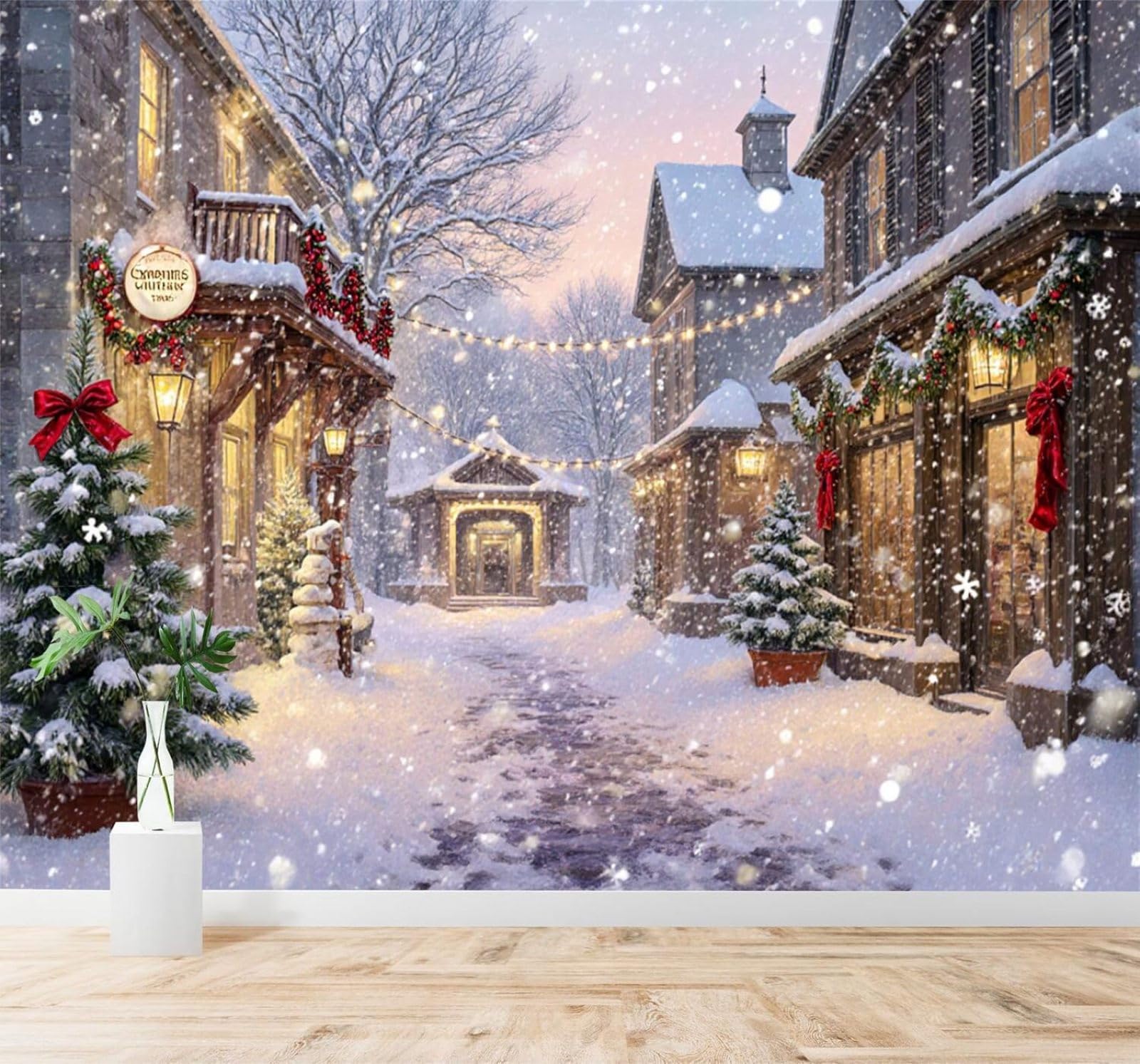 Xlming 250Cm×170Cm(B×H) Picturesque Winter Country Street Snowy Scene Warm Lights 3D Wallpaper Silky Texture Home Study Office Grey Dining Room Sofa Bedroom Living Room Tv Backdrop-250Cm×170Cm