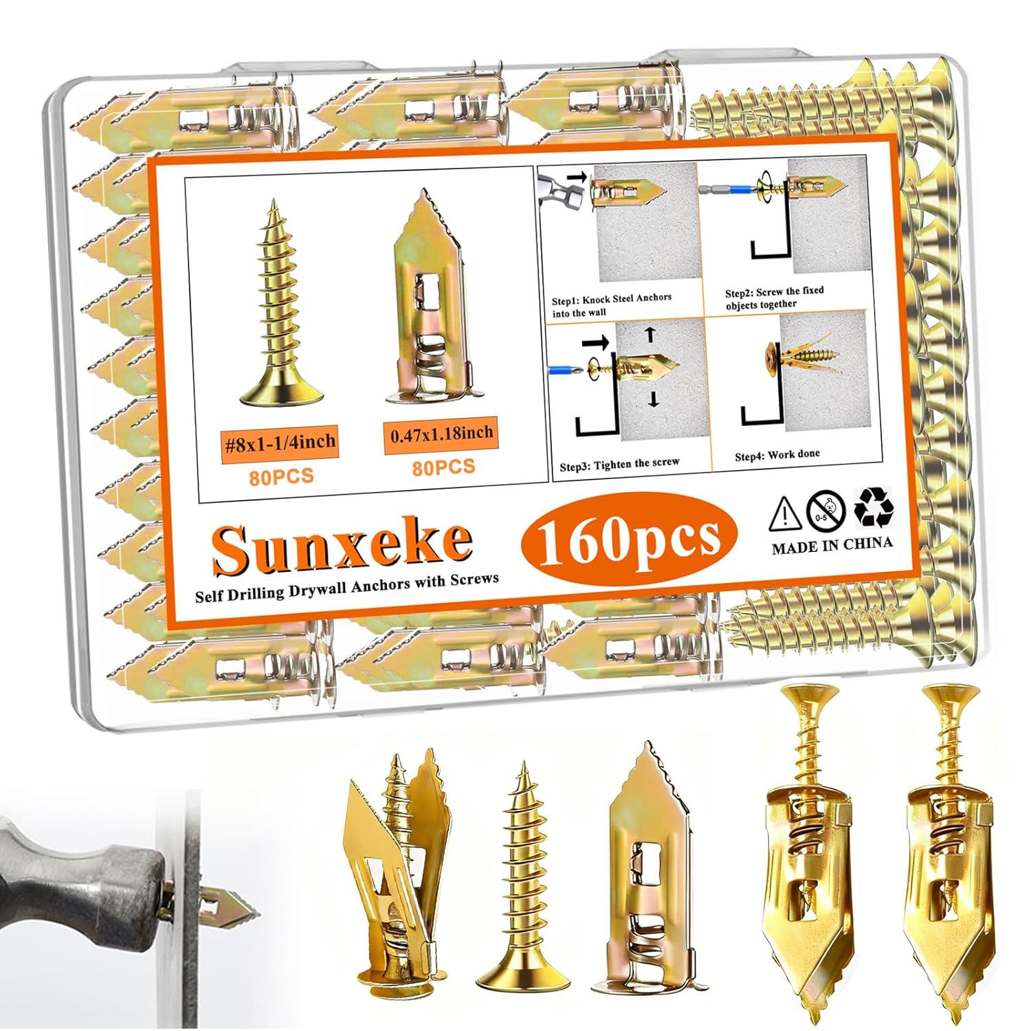 160pcs Self-Drilling Drywall Anchors with Zinc Screws - No Drill Needed, Holds 66lbs for Christmas Decor, Pictures, Shelves