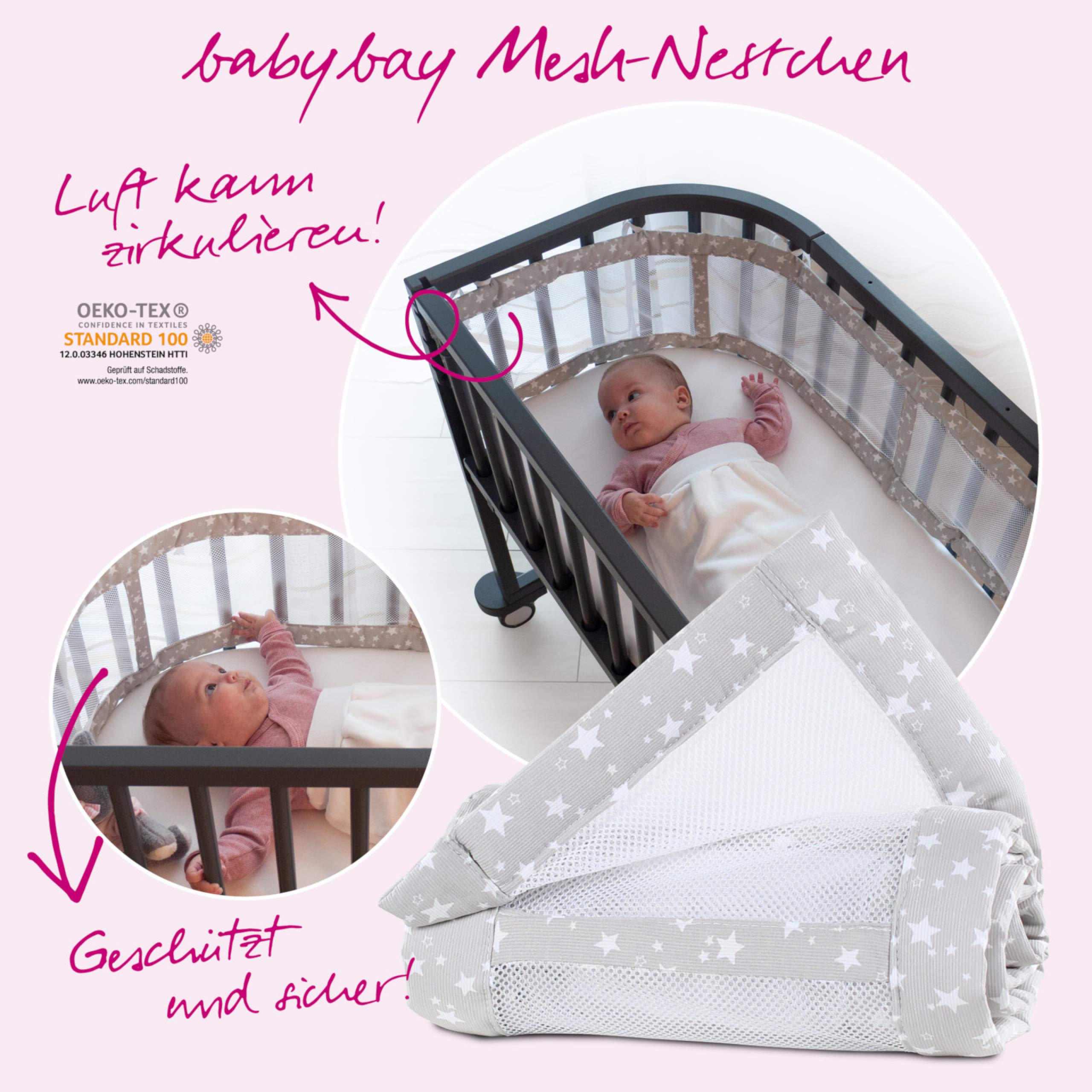 Babybay Babynest Mesh-Piqué Suitable For Model Original, White Stars Pearl Grey - 180 g
