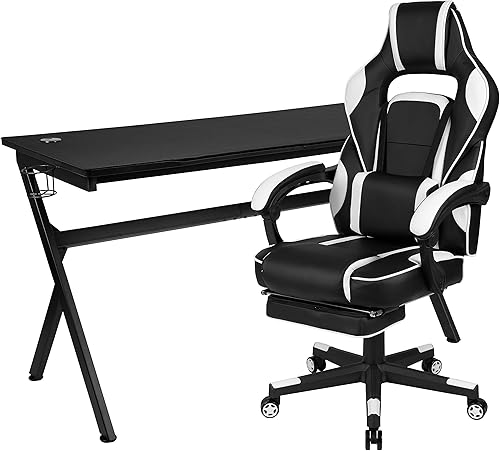 Miniatura 151 de Flash Furniture Juego de escritorio para juegos negro y silla de carreras blanco/negro con soporte para tazas, gancho para auriculares y soporte