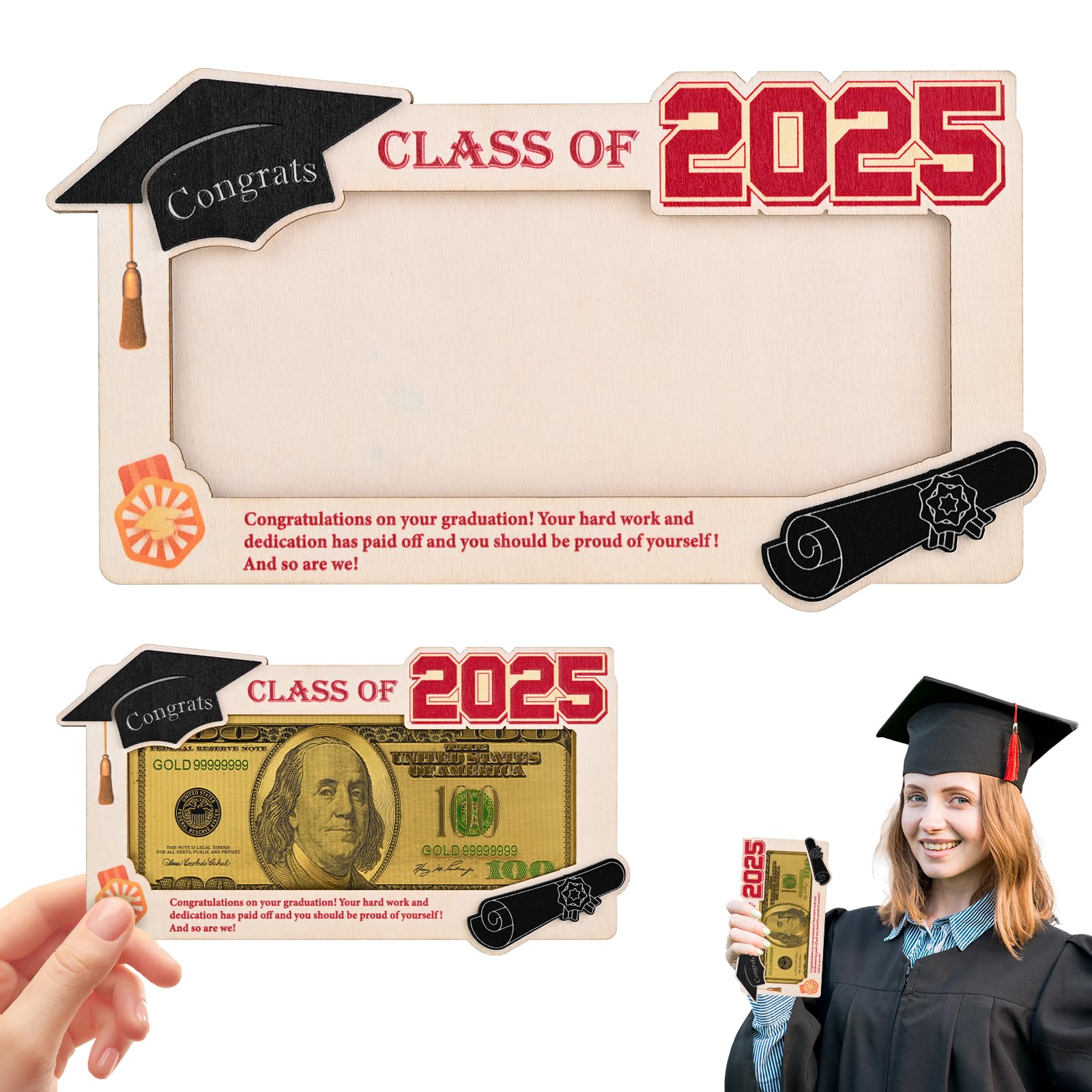 SUINHE 1 Pcs 2025 Wooden Grad Card Cash Box, Graduation Money Holder, Class of 2025 Envelope Wallet Gifts for Graduates (No cash included)