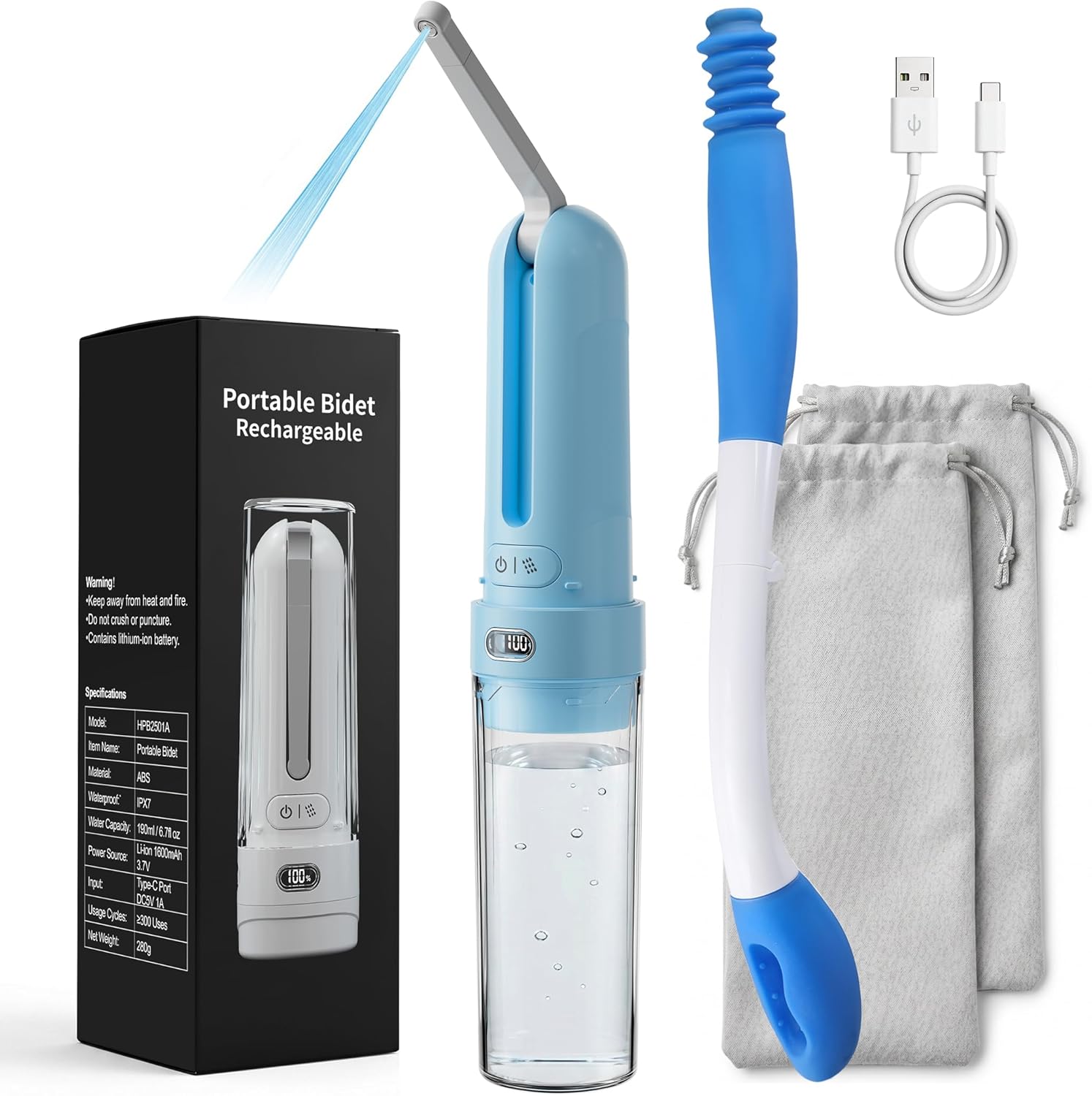 Portable Bidet Toilet Aids Wiper Tool Set, 2-in-1 Travel Hygiene Kit for Women Men Elderly Limited Mobility, Pocket Size 1600mAh Rechargable IPX7 Waterproof SkyBlue