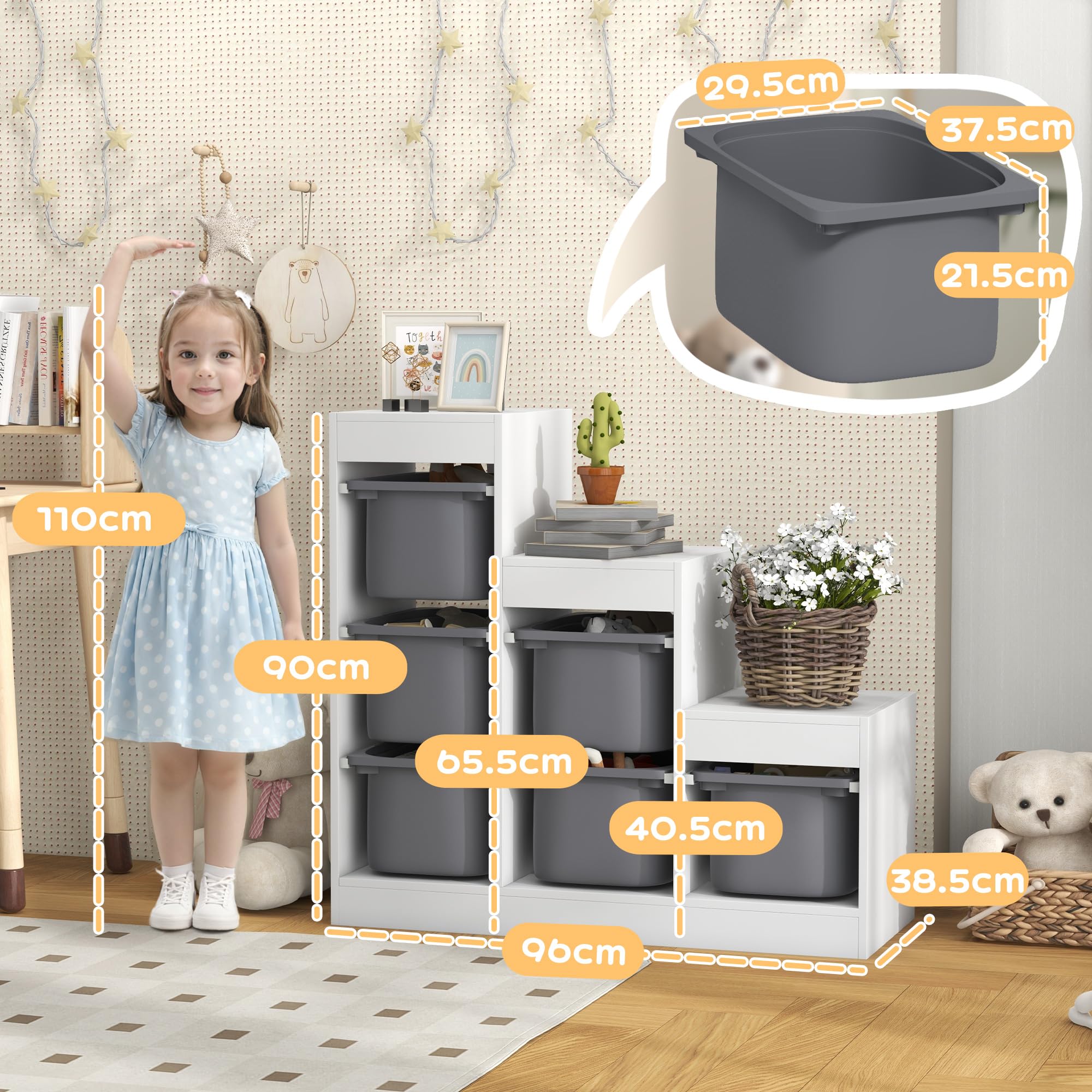 AIYAPLAY Scaffale Portagiochi Multilivello con 6 Contenitori, Mobile per Cameretta a 3 Livelli per Bambini da 3-8 Anni, 96x38.5x90cm, Grigio