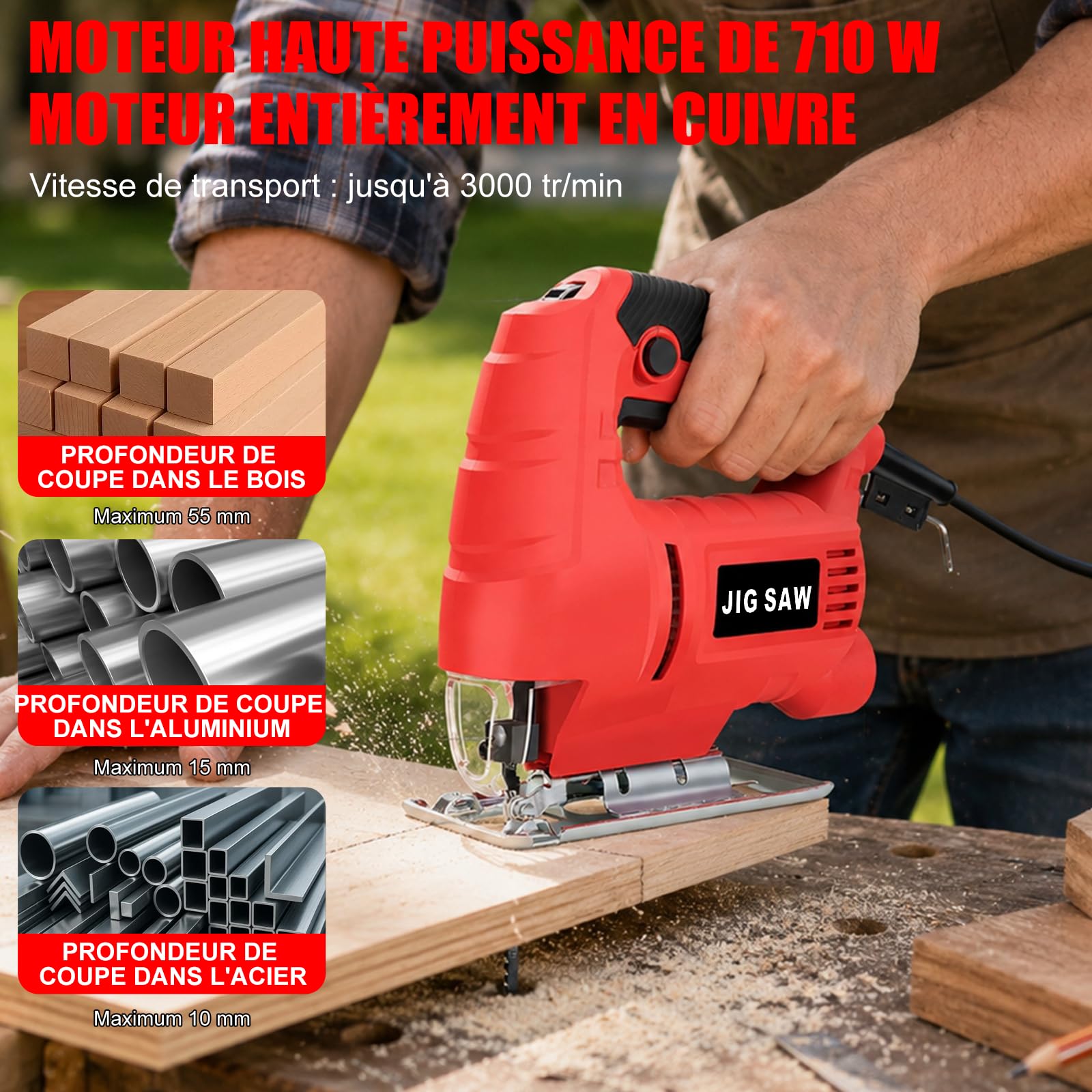 Scie Sauteuse Electrique Filaire 710W, 3000RPM Moteur Cuivre 6 Vitesses