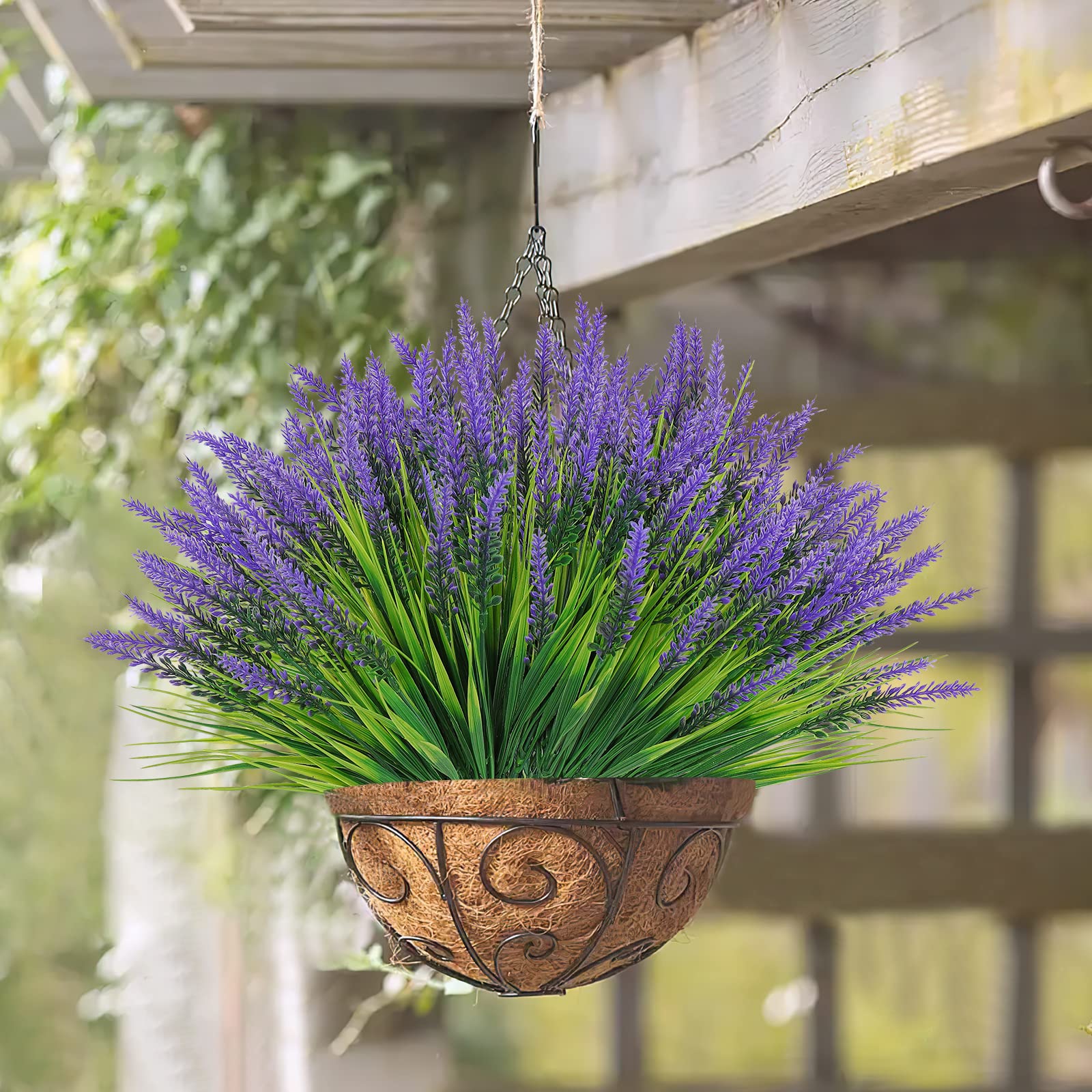 UXORSN 8 Bundles Artificial Plants Outdoor Fake Monkey Grass with Flowers UV Resistant Faux Lavender Plants Green Shrubs for Garden Patio Balcony Window Hanging Planter Home Decoration - Image 2