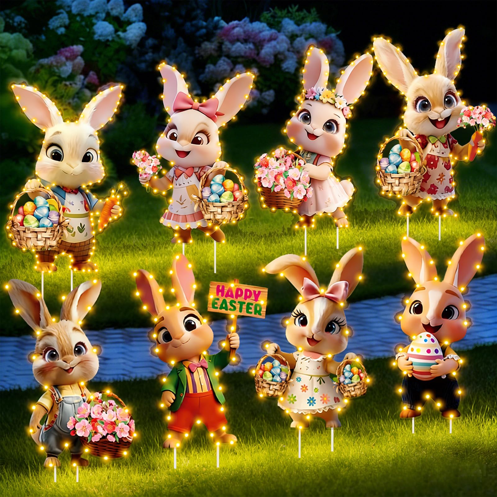 YOUYIKE 8 Stück Gartenstecker Osterhase, LED Leuchtender Gar
