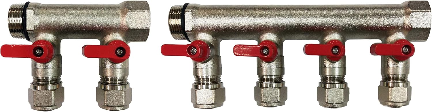 6 Loop Plumbing Manifold w/ 3/4" trunk & 1/2" pex ball valves, red handle