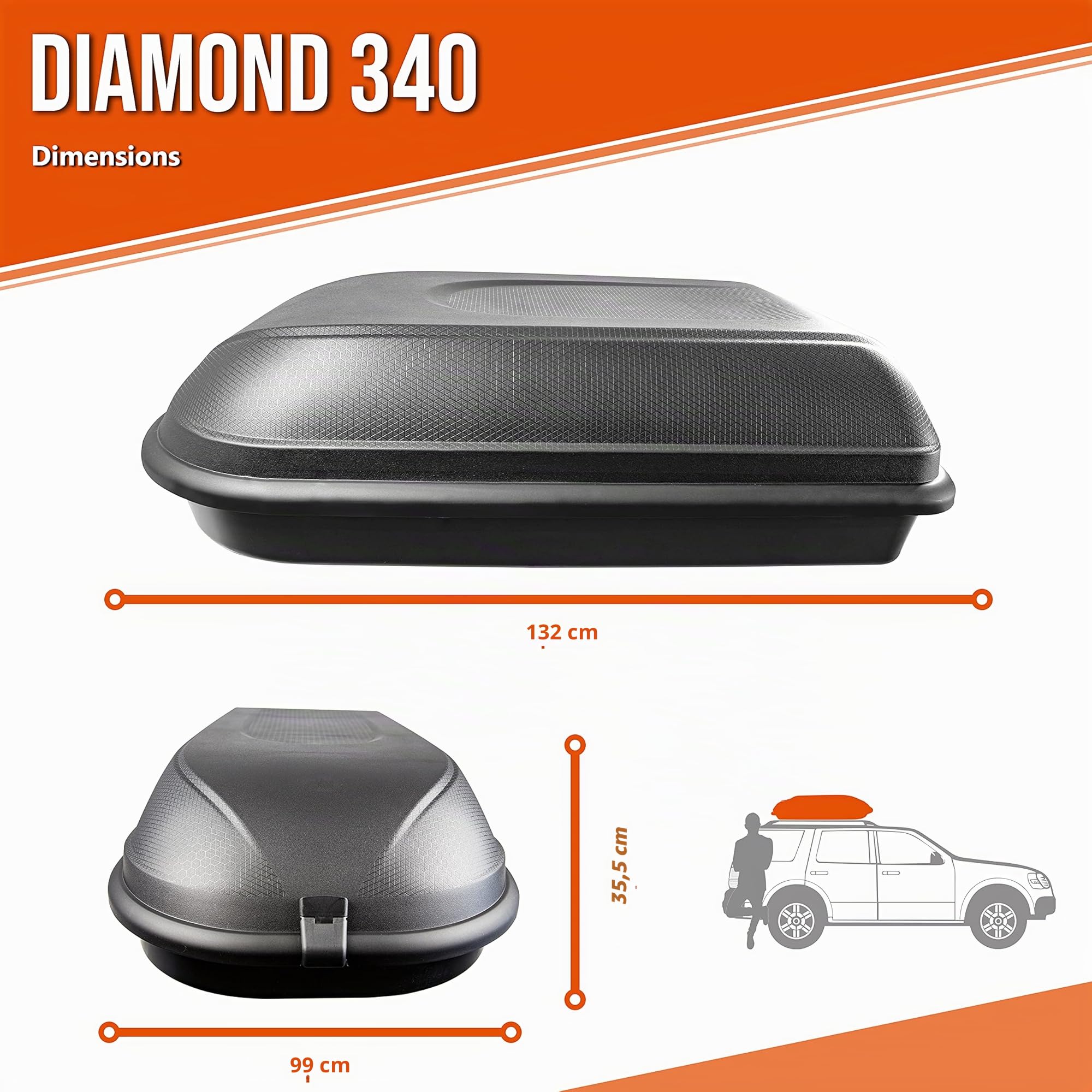 Tetrax Diamond 340 Coffre de Toit, contenance 340 l, Noir