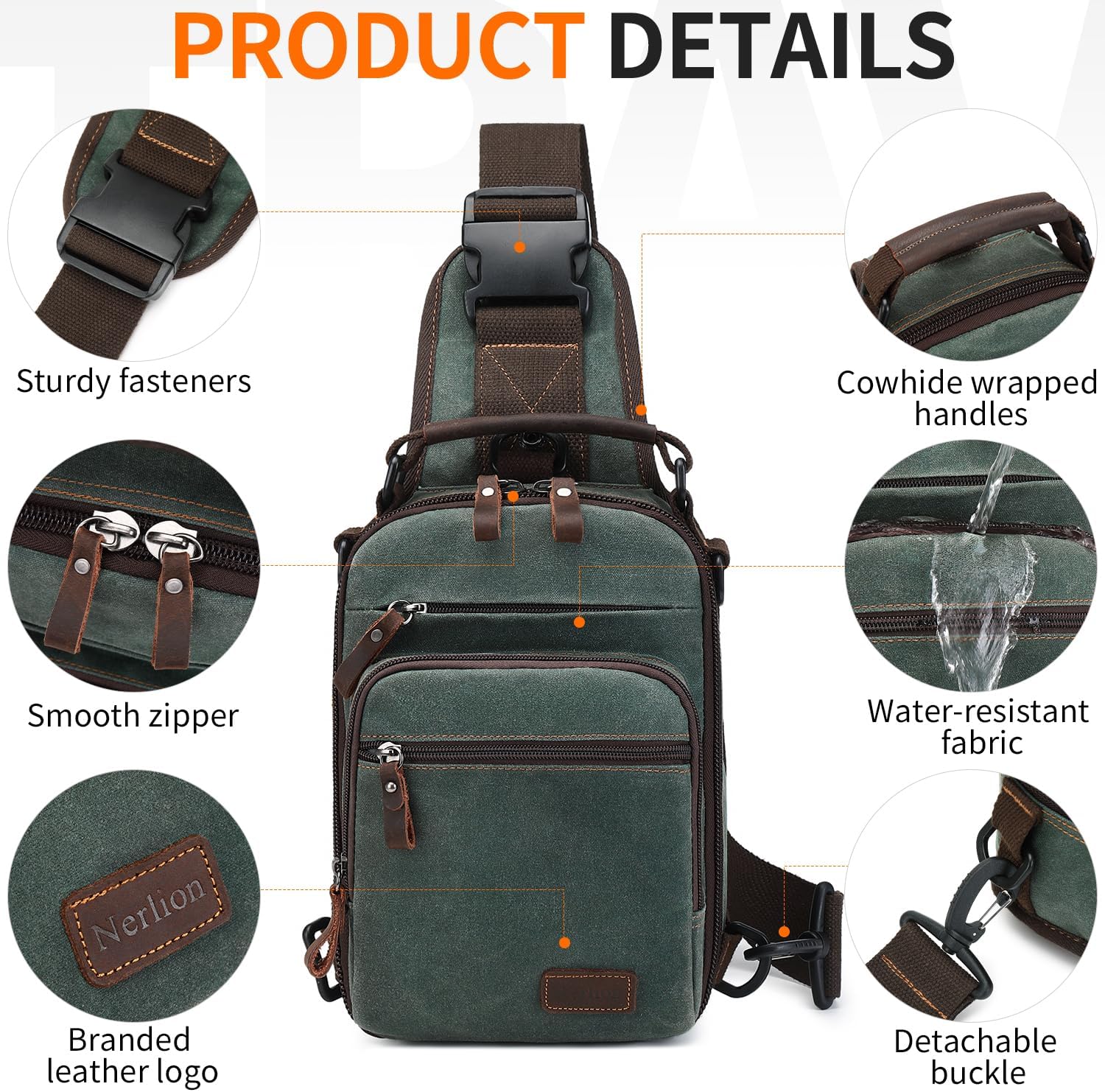 Nerlion Sling Bag for Men Waxed Canvas Crossbody Bag Chest Bag Water Resistant Shoulder Bag Casual Daypack - Image 7