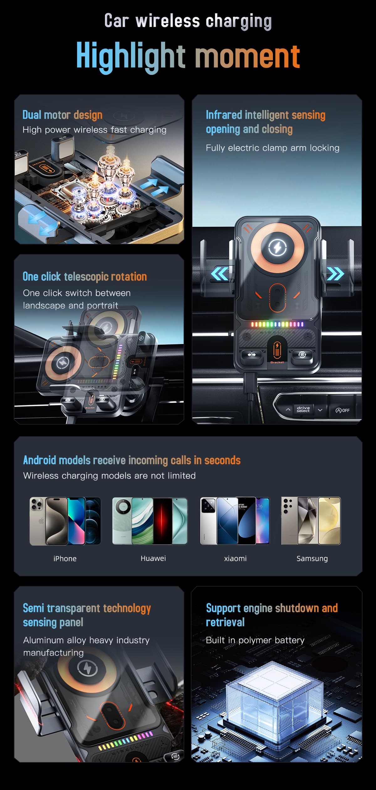 Cargador inalámbrico de coche con detección automática y rotación inteligente, carga rápida de 15 W, soporte universal para teléfono de ventilación y soporte de carga de abrazadera automática, estable