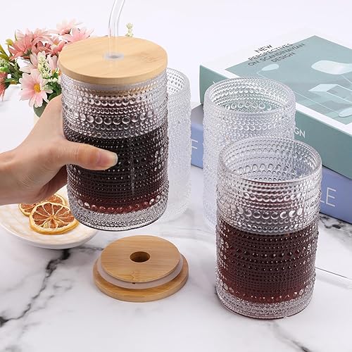 Miniatura 8 de Juego de 4 vasos vintage para beber con tapas de bambú, juego de cristalería acanalada a rayas transparentes texturizadas, juego de cóctel, tazas de