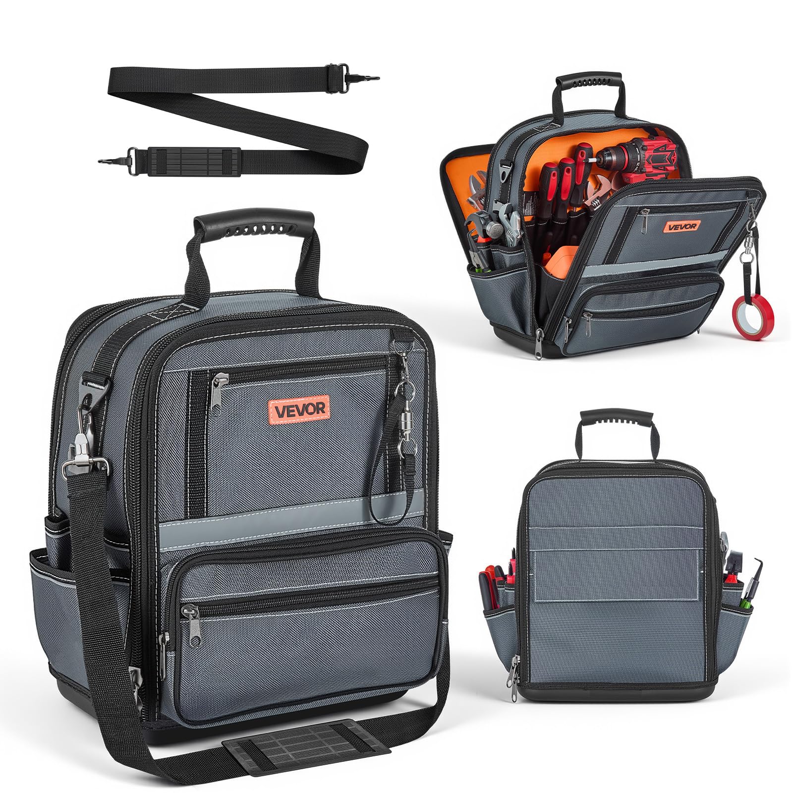 VEVOR Bolsa de Herramientas 34 Bolsillos Poliéster 1680D Bolsa Organizadora Portátil con Asa, Base de Plástico, Cremallera Grande y Correa de Hombro Ajustable para Contratistas Electricistas Mecánicos