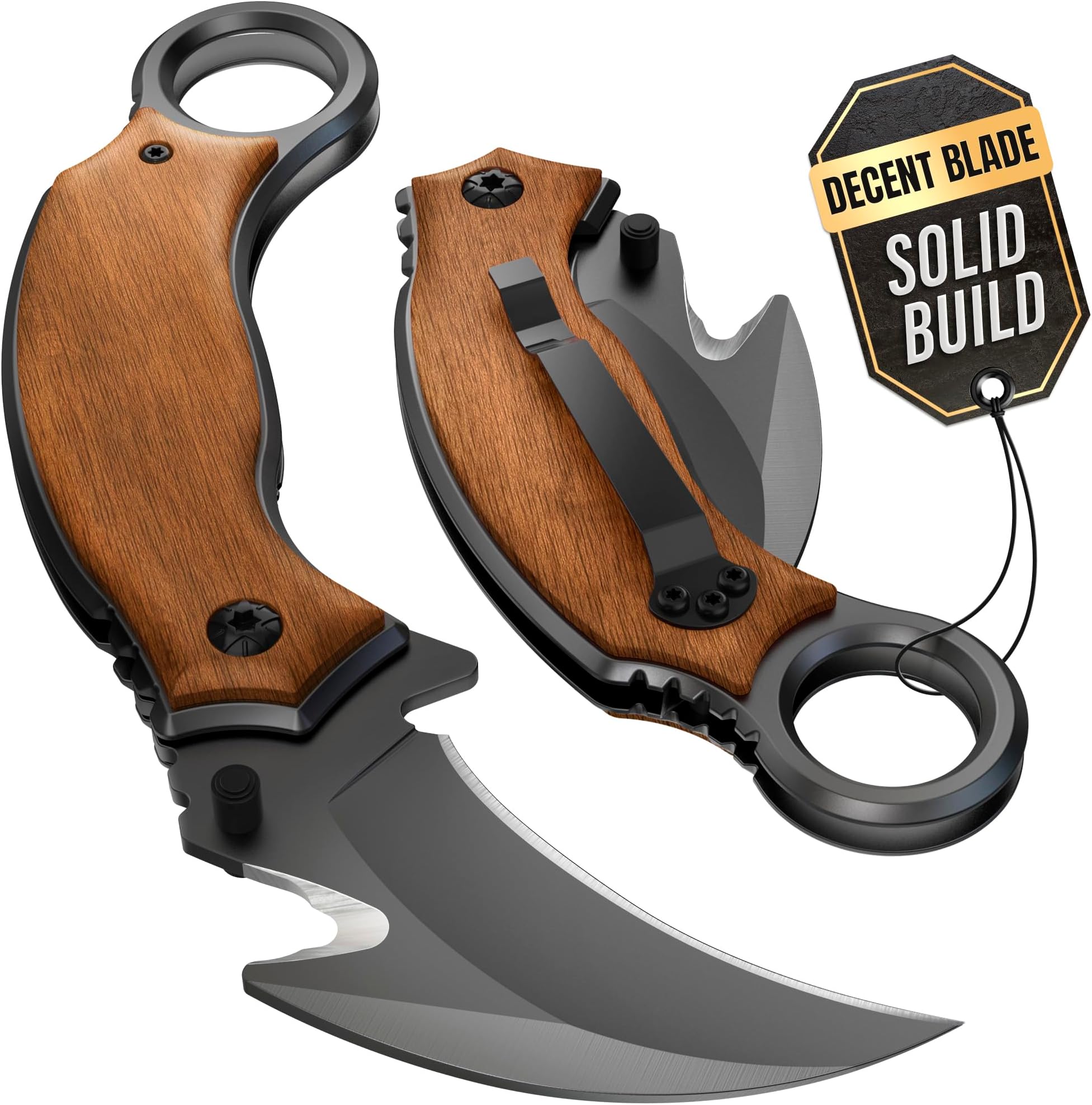 Pocket Knife for Men - Karambit Folding Knife - 440C Sharp Steel, Tiger Claw Blade - Pocket Knives with Wood Handle - Compact Tool for EDC - Birthday Gift Idea for Dad, Husband, Boyfriend - X-52