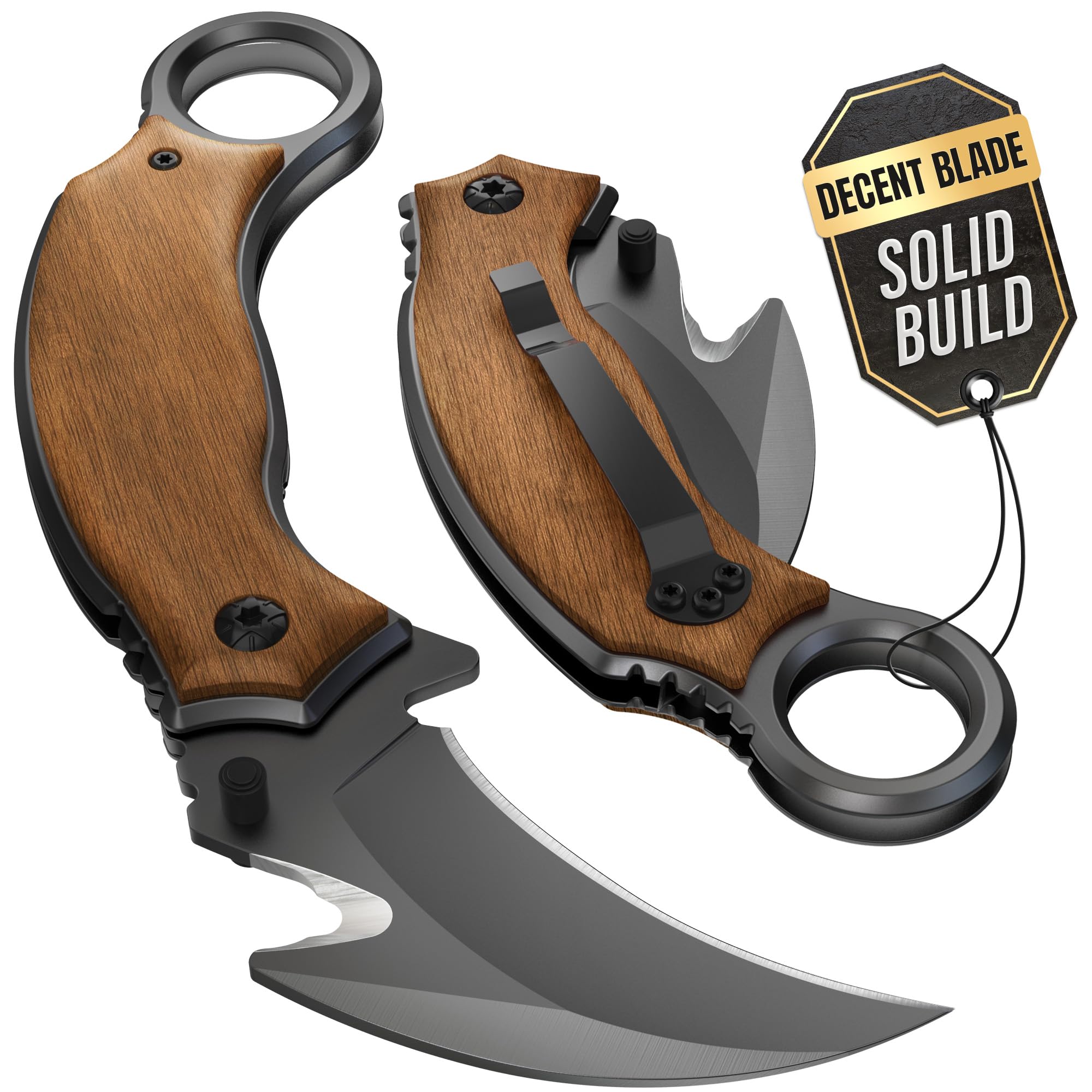 Pocket Knife for Men - Karambit Folding Knife - 440C Sharp Steel, Tiger Claw Blade - Pocket Knives with Wood Handle - Compact Tool for EDC - Birthday Gift Idea for Dad, Husband, Boyfriend - X-52