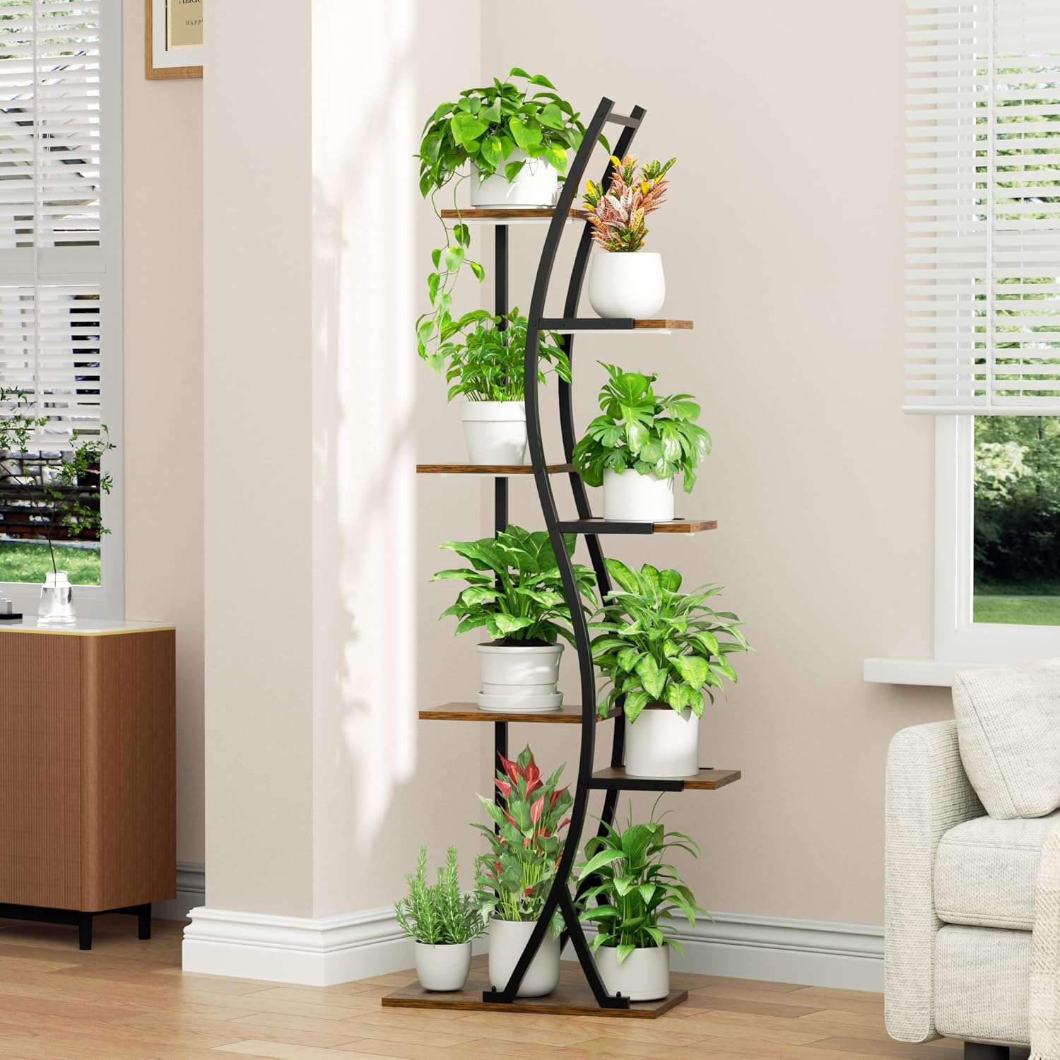 MJOMKN 62" Plant Stand Indoor with Grow Lights - 7 Tiered Tall Metal Plant Shelf - Corner Wooden Plant Stand for Indoor Plants Multiple, Large S-Shape Flower Rack Holder for Living Room, Garden, Patio Decor