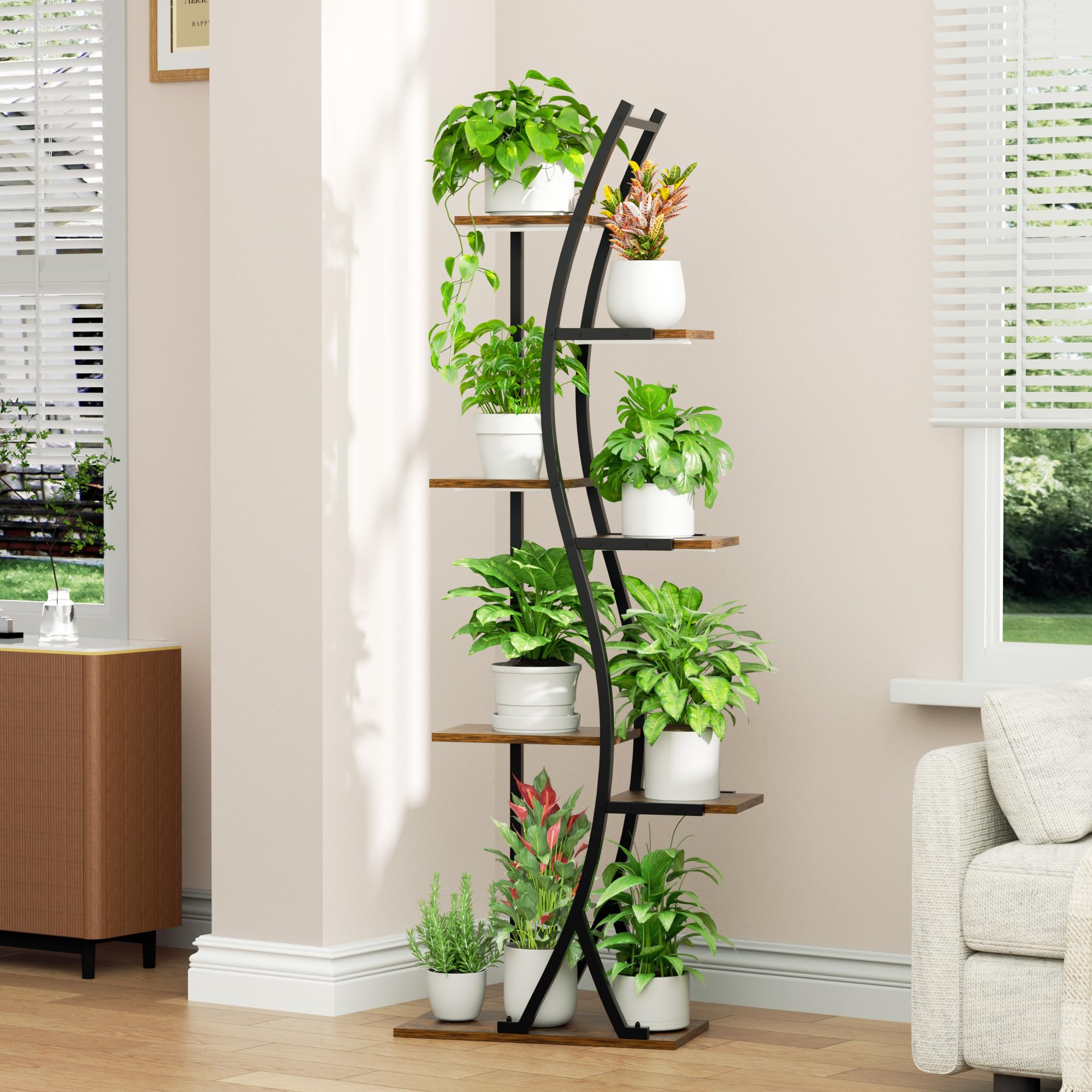 Stojak na rośliny 142 cm do użytku wewnątrz z lampkami do uprawy, 7-poziomowa, wysoka, metalowa półka na rośliny