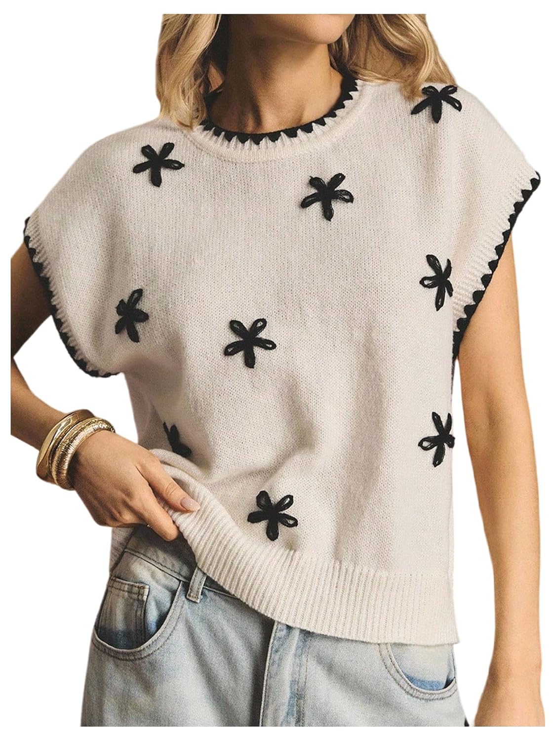 OYOANGLE Womens 3D Floral Dolman Cap Sleeve Sweater Crewneck Pullover Knitted Sweater Vest