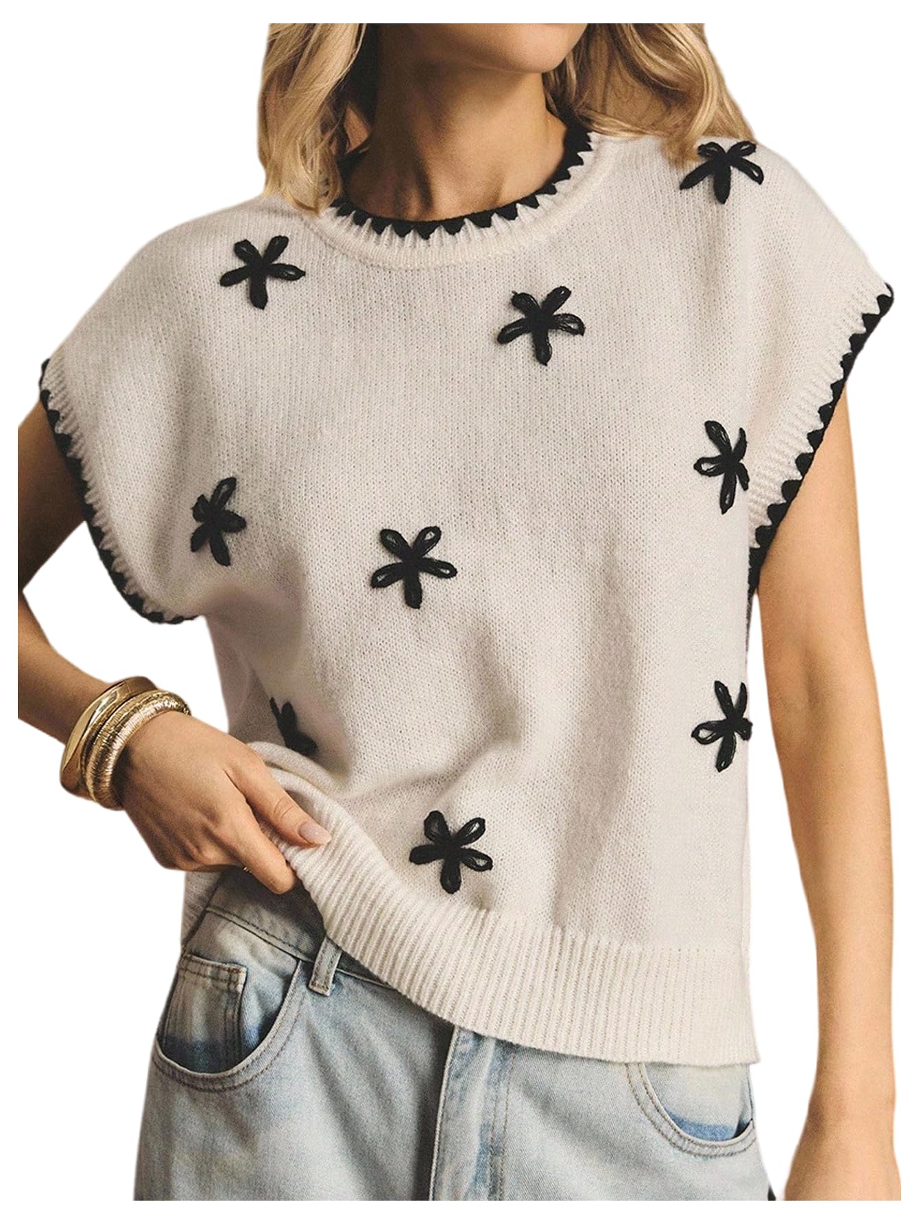 OYOANGLE Womens 3D Floral Dolman Cap Sleeve Sweater Crewneck Pullover Knitted Sweater Vest