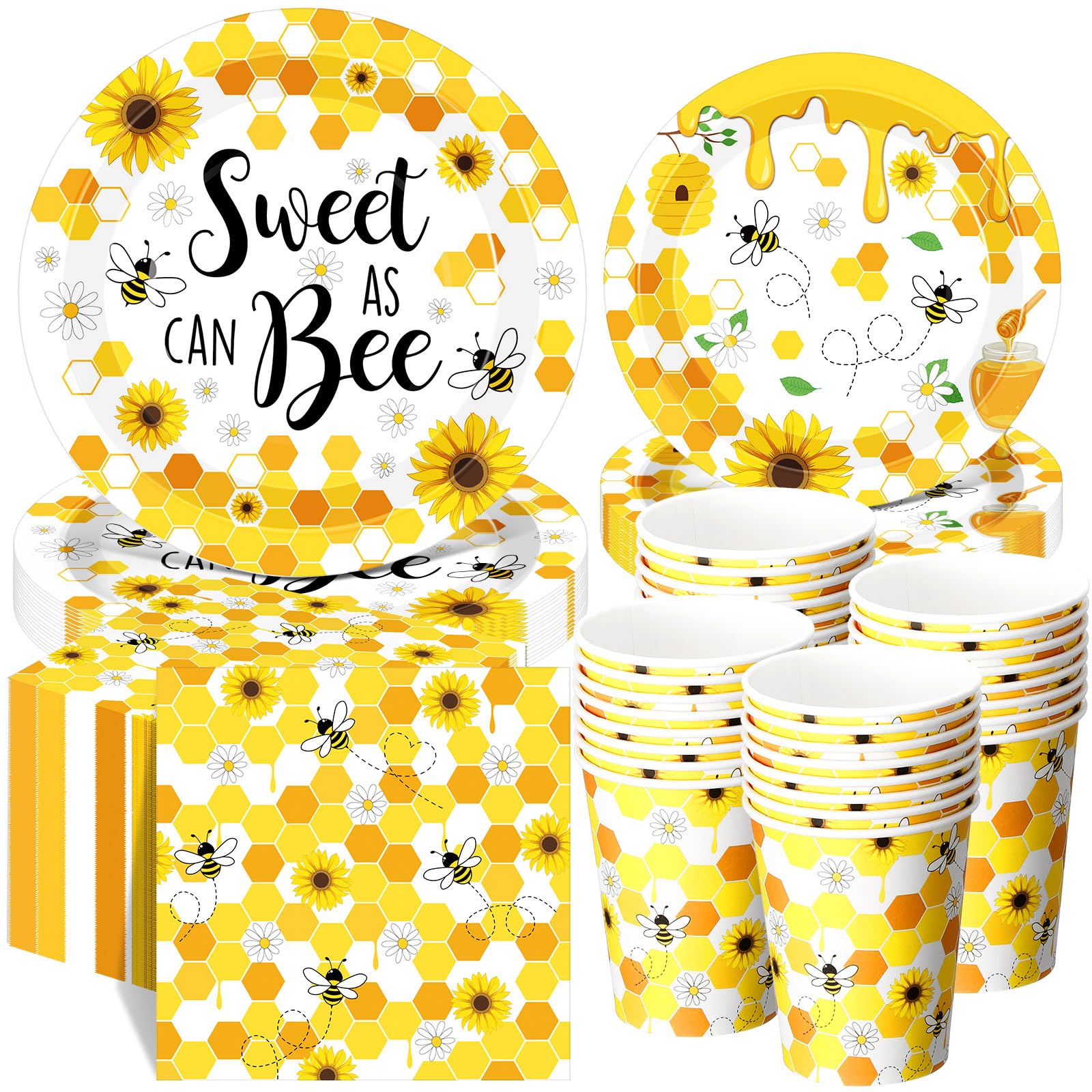 Funnymoom 250 Pcs Bee Party Decoration Sweet as Can Bee Paper Plates Napkins and Cups Party Tableware Set for Honey Baby Shower Gender Reveal Birthday