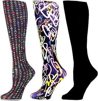 Celeste Stein Therapeutic Compression Socks for Women, 8-15mmhg Mild, Set Of 3, Made In Usa, Help Leg Circulation Hearts On Black Queen, 3count