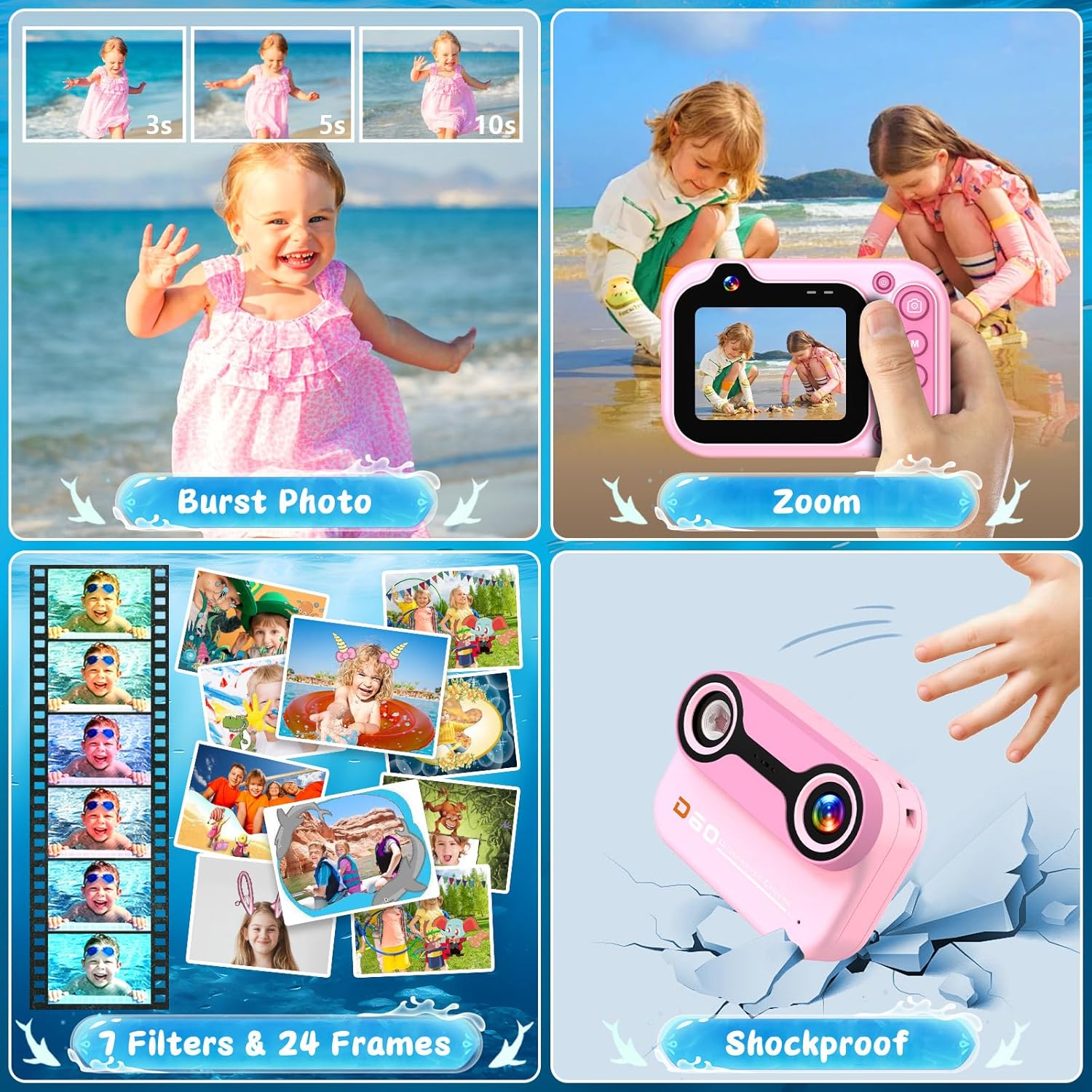 Kids Waterproof Camera 1080P HD 26MP Digital Camera Underwater Camera 10FT /3M, 10X Digital Zoom Children Waterproof for Kids Boys Girls Snorkeling, Swimming, Beach, Water Park - Pink