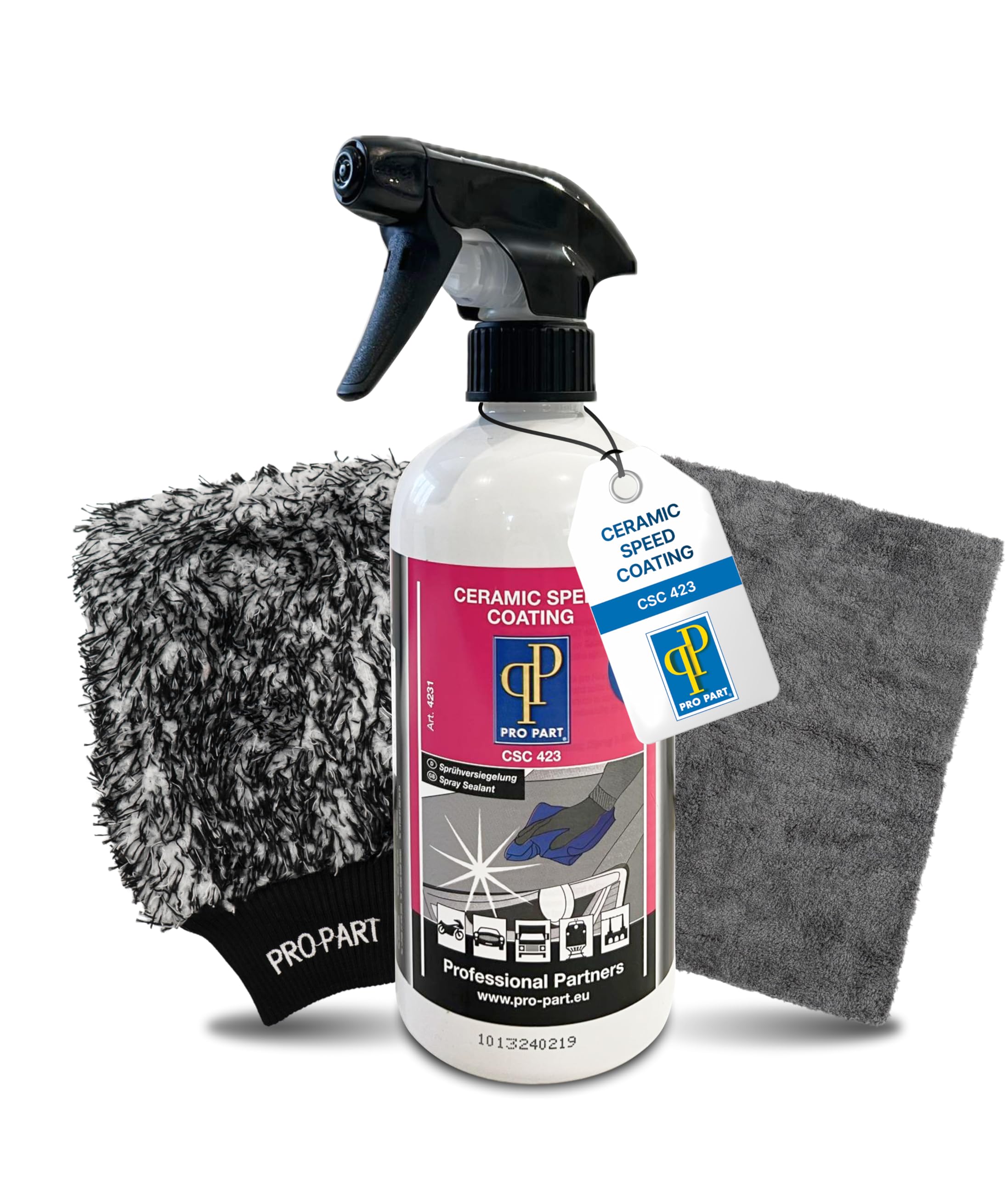 Pro Part® Ceramic Speed Coating CSC 423, 500 ml Bundle mit Tuch & Handschuh – silikonfreie, hydrophobe Auto-Keramikversiegelung mit UV- & Schmutzschutz, Made in EU