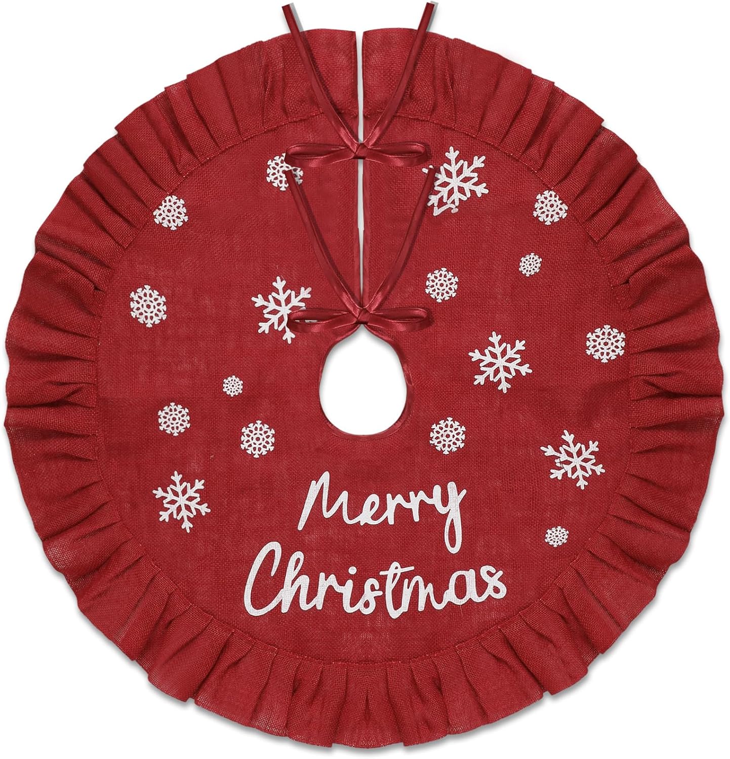 Tatuo 31 Inch Christmas Tree Skirt Linen Burlap Red Tree Skirt with Ruffle Rustic Farmhouse Trees Ornaments Snowflake Xmas Trees Mat for Christmas Indoor Outdoor Decorations Red 31 Inch