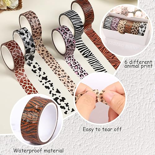 Miniatura 4 de DREMISI 6 rollos de calcomanías de cinta washi con estampado de animales, guepardo, vacas, cebra, jirafa, leopardo, cinta adhesiva decorativa para