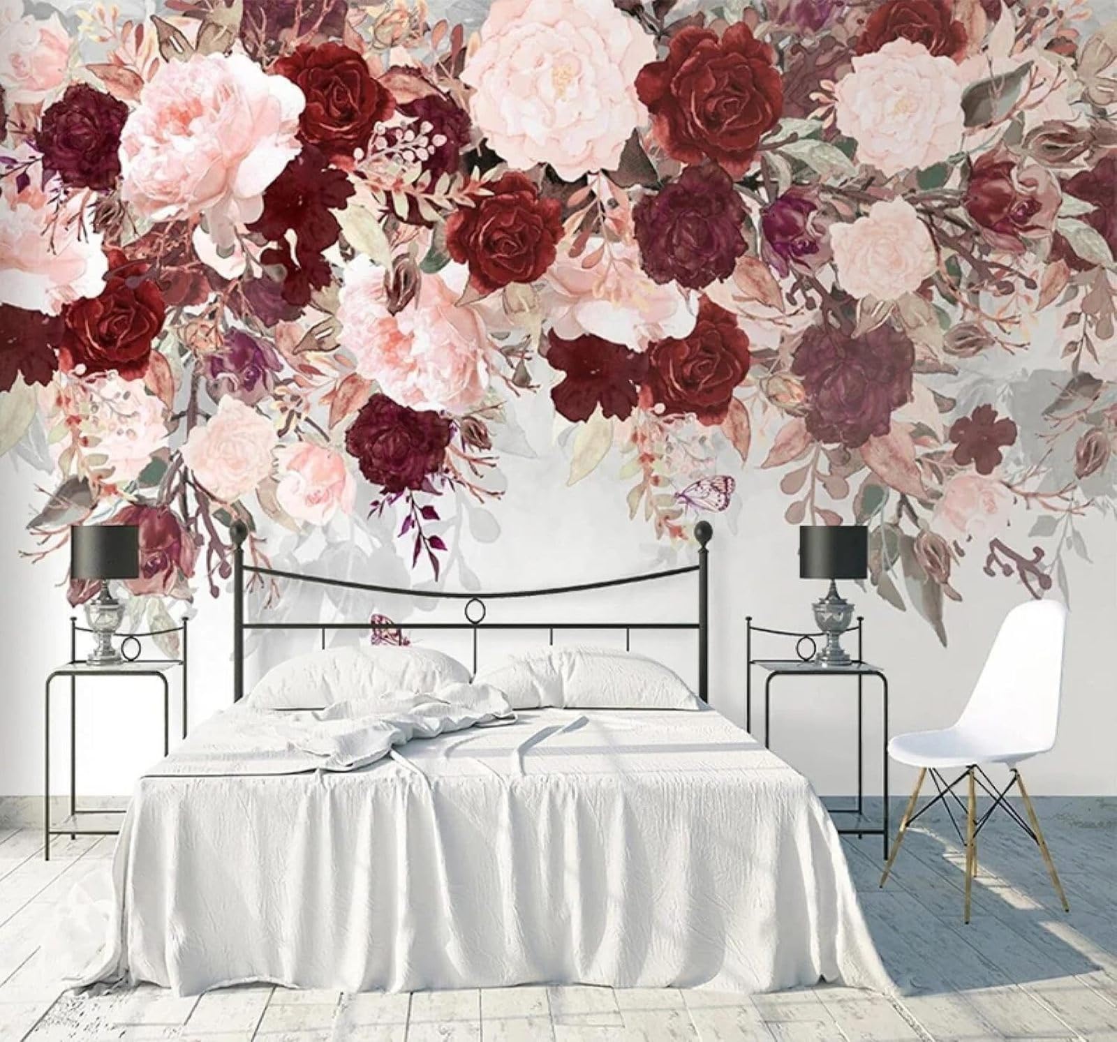 XLMING Watercolour Romantic Pink Roses Butterflies 3D Wallpaper Silky Texture Home Study Office Grey Dining Room Sofa Bedroom Living Room TV Backdrop-150cm×105cm