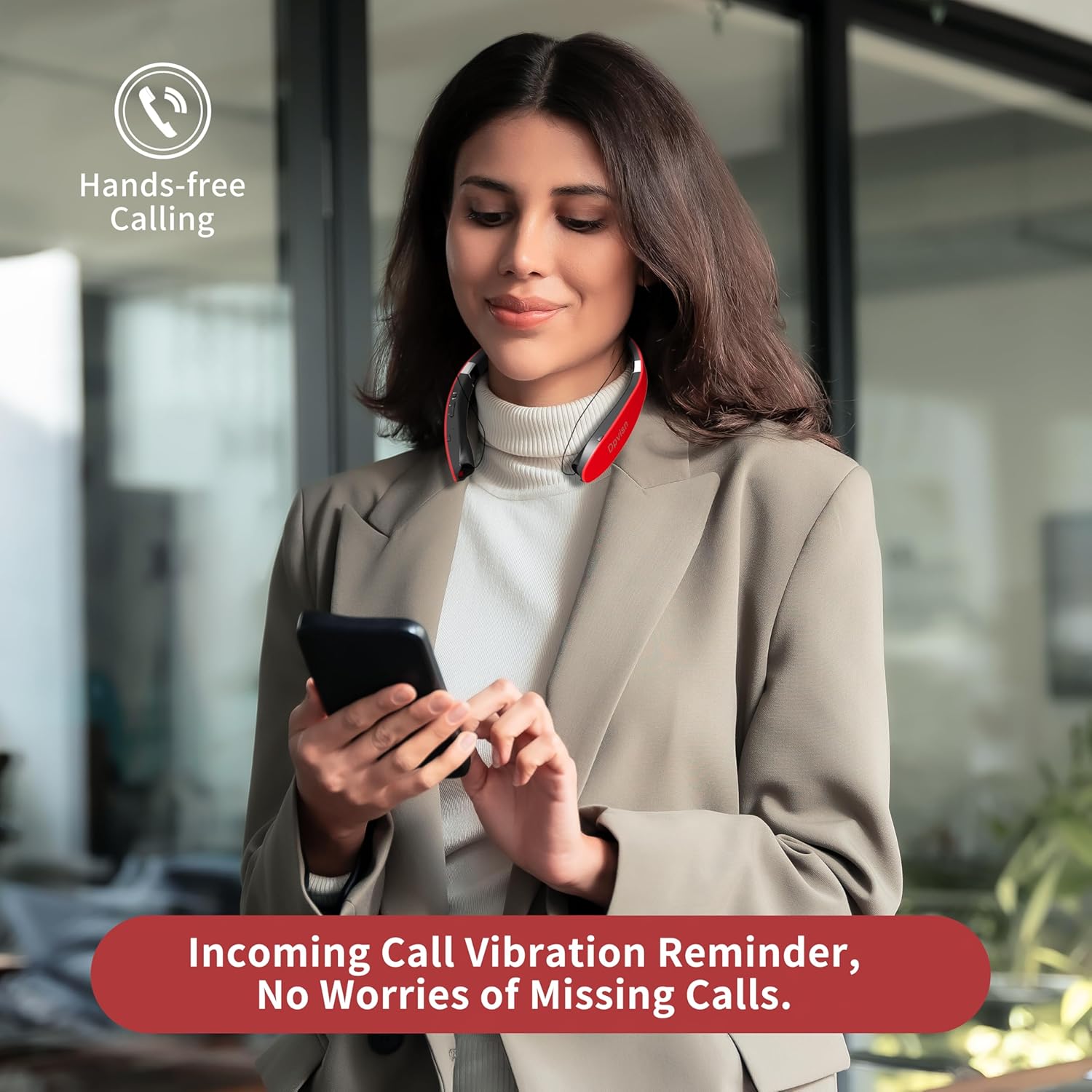 Bluetooth Neckband Headphones, Foldable Wireless Lightweight Neck Headset with Retractable Earbuds, Noise Cancelling Sweatproof Stereo Earphones with Mic & Carrying Case (Red) - Image 5