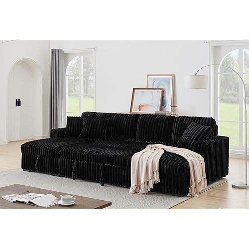 122" Oversized Corduroy U Shaped Sectional Sleeper Couch with Double Storage Chaise, Pull Out Sofa Bed for Apartment,Black