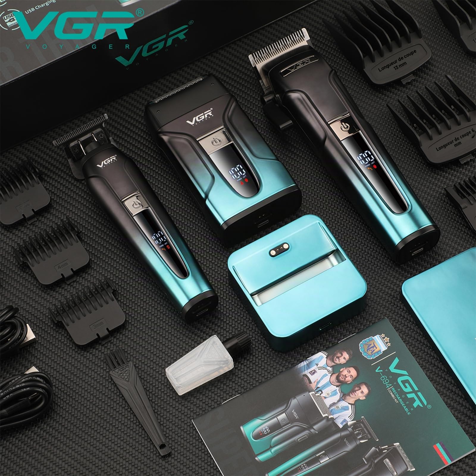 VGR 694 Tondeuse Cheveux Hommes Professionnel Kit Équipé Lames en Céramique | Tondeuse Barbe et Cheveux Homme Comprenant Station de Charge Magnétique, Kit Barber Avec Affichage LED