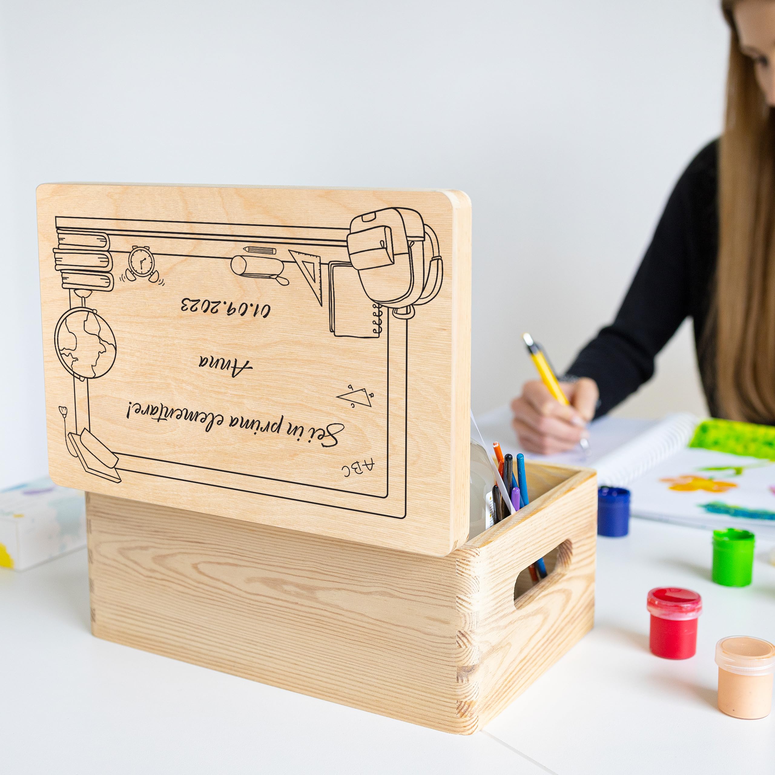 Scatola Legno Personalizzata Per Scuola - 40x30x14cm, Con Stampa - Foto 6