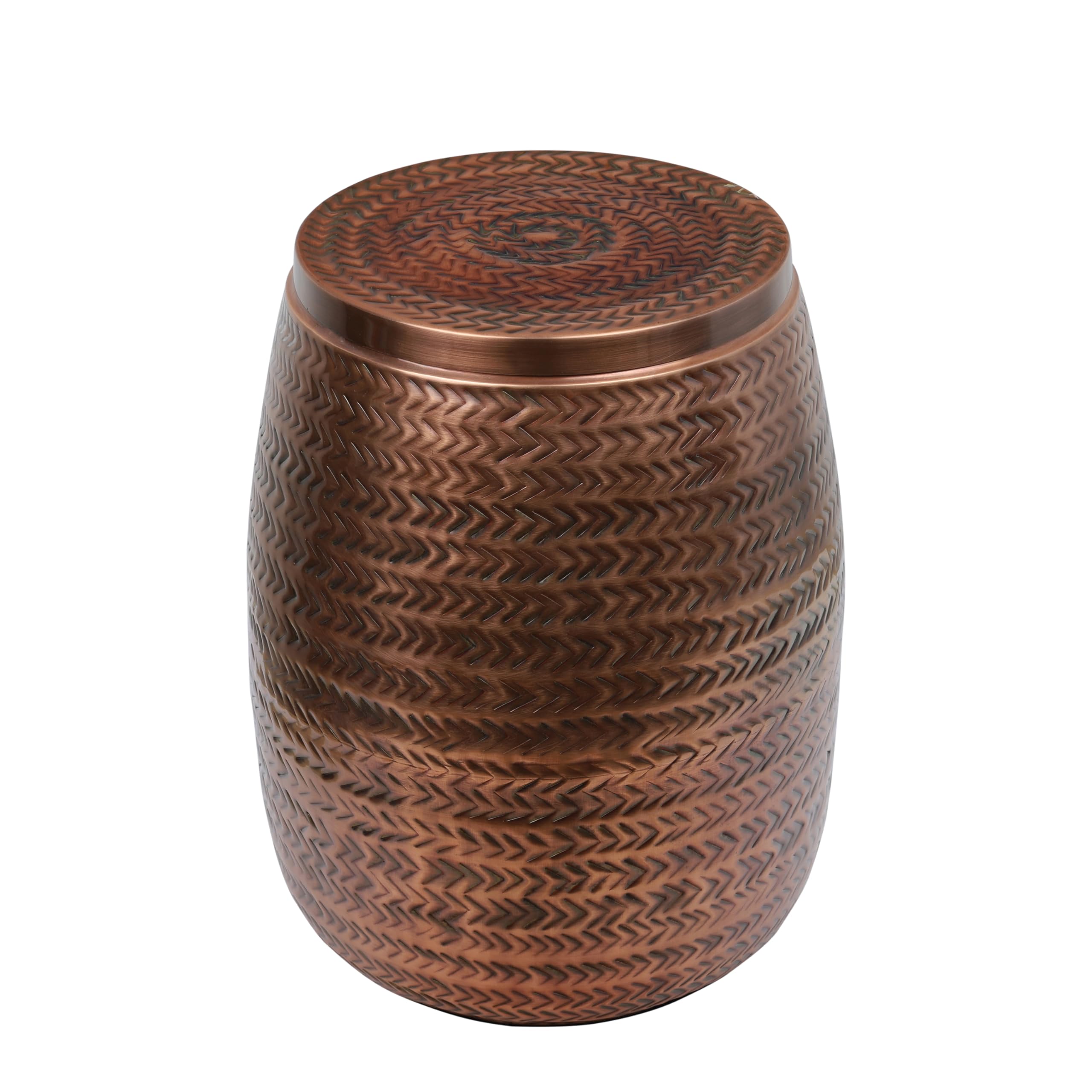happimess Jasper Drum Storage Side Table Lid Iron 15", Antique Copper | Modern Rustic Arrow-Hammered Pattern, Versatile Accent For Living Room Or Bedroom, Lacquered Finish, 1.22 Cubic Feet Capacity