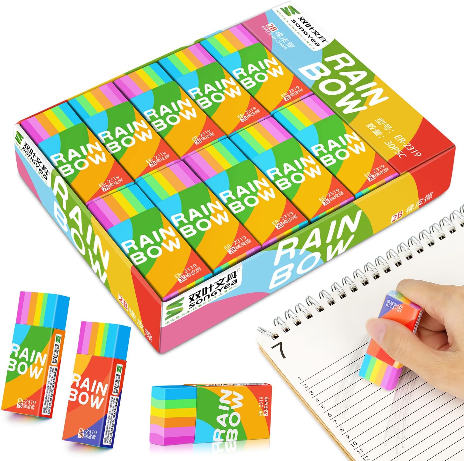 30 Stück Regenbogen Radiergummis - Bunte 2B Radierer Für Schule & Büro