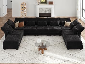 LLappuil U Shaped Sectional Couch with Storage, 9 Seater Modular Sectional Sofa for Living Room with Adjustable Arms Backs, Thick Plush Cushions, Black Chenille