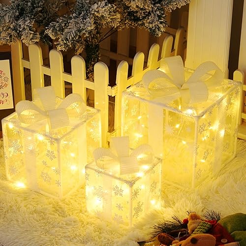 Miniatura 8 de Juego de 3 cajas de regalo iluminadas de Navidad con control remoto y temporizador, 8 modos de decoración navideña para interiores y exteriores con