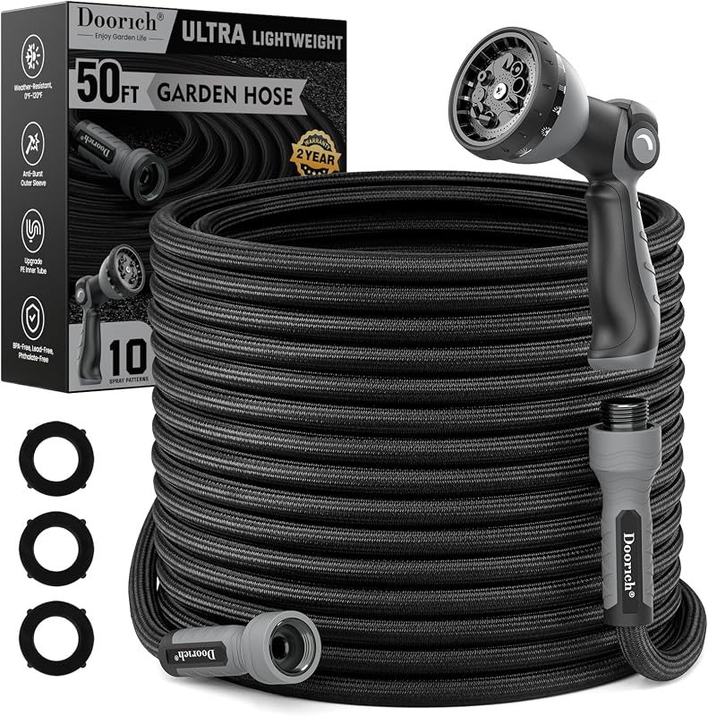 Garden Hose, 50FT Ultra Lightweight Water Hose with Spray Nozzle | Flexible, 10 Function Sprayer, No-Kink, Leak-proof, Non-Expanding, Pressure-resistant for Yard, Outdoor, 3/4" GHT, Black
