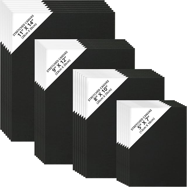 Belle Vous 28 Pack Blank Black Canvas - 4 Assorted Sizes - Pre Stretched Canvas Panel Boards - Suitable for Acrylic and Oil Painting Also for Sketching and Drawing