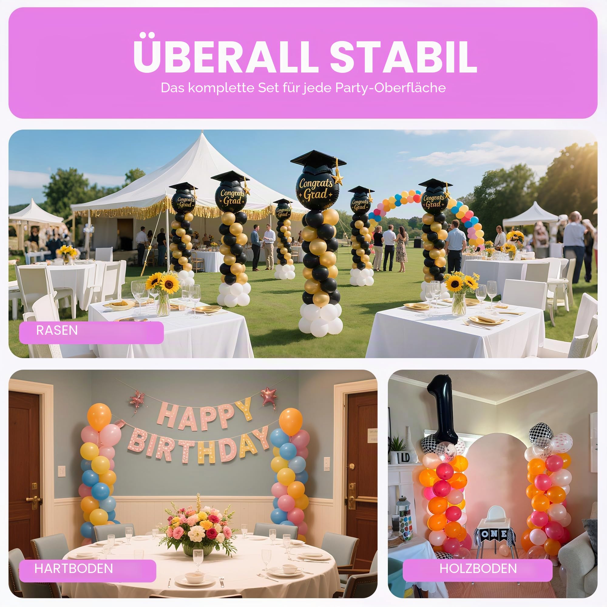 Ballonsäulenständer höhenverstellbar von 50 cm bis 2 m, Set mit 4 Stück | Ballonturm für Hochzeit, Geburtstag, Abschlussfeier, Baby Shower, Abschlussball Party Ballondekoration, Wiederverwendbares
