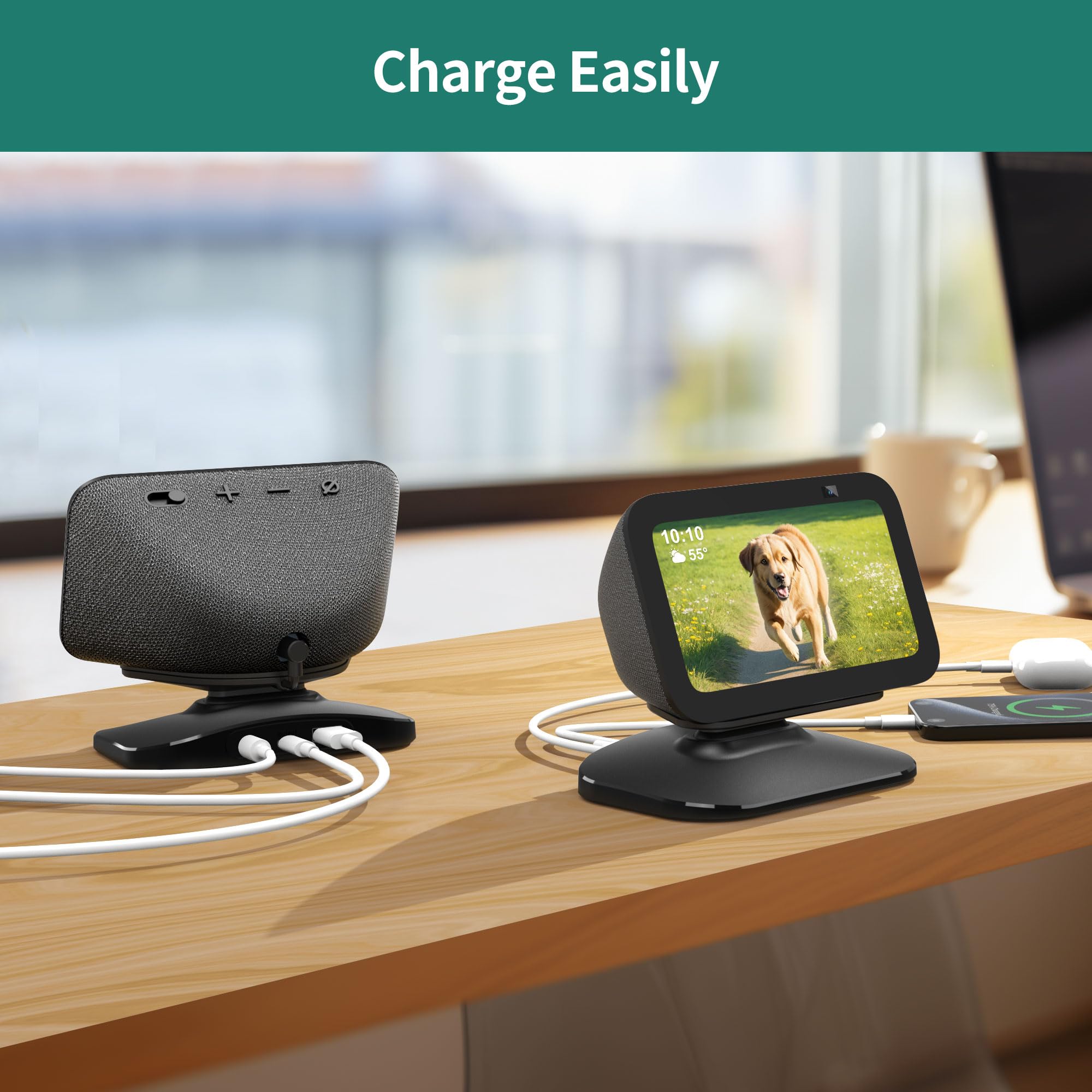 HomeMount Station de charge réglable pour Echo Show 5 (3ème) avec USB-C et port de charge USB, support de charge inclinable avec aimant puissant (pour téléphones et Echo Show 5 3ème – Noir)