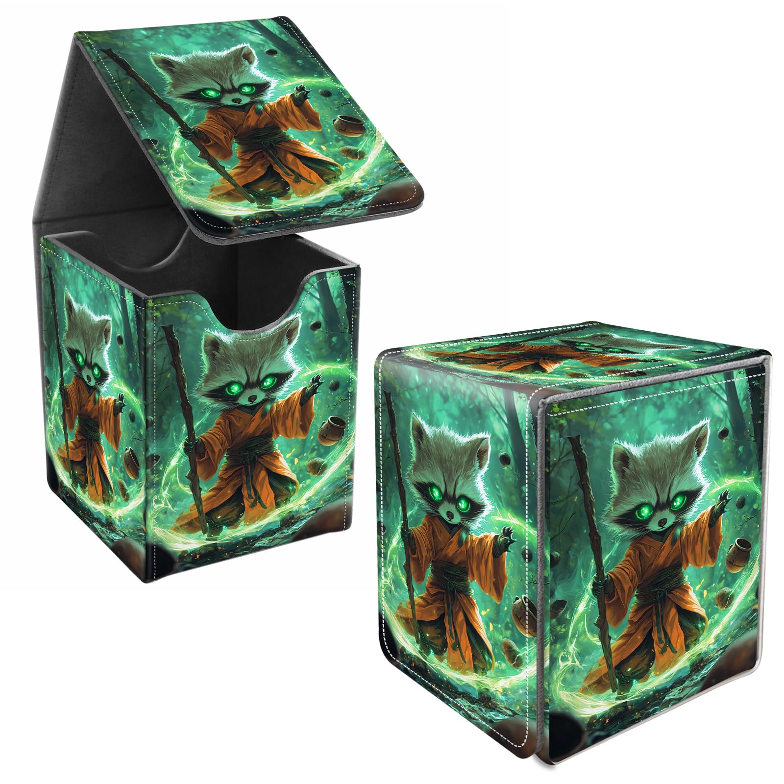 JANENFNA Card Deck Box, Card Storage Box Fits 100+ Single Sleeved Cards, Large Capacity PU Leather Card Storage Box with Strong Magnet for Magic Commander TCG/CCG, Raccoon Sorcerer