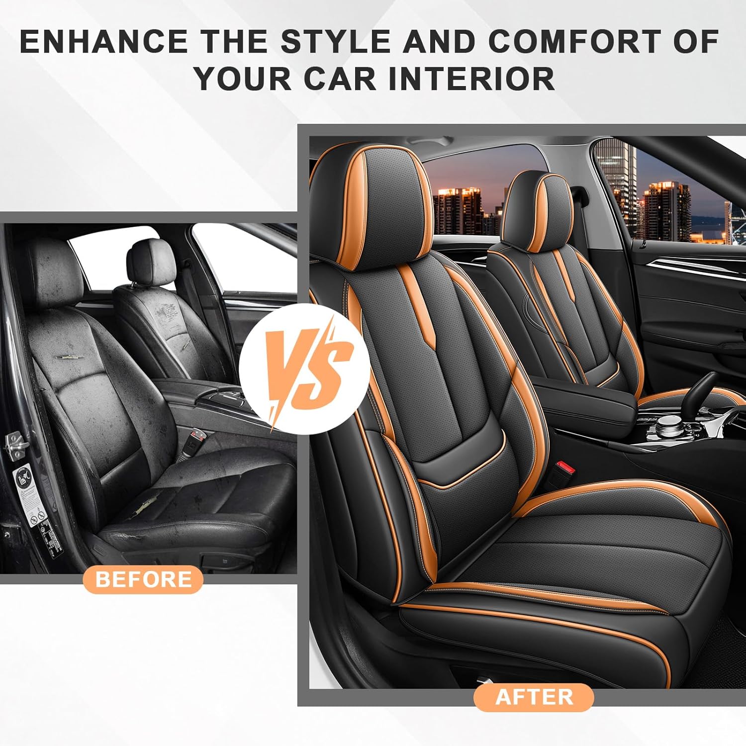 Arazi Car Seat Covers for Subaru Crosstrek 2016-2025, Nappa Leather Front Seat Cover Waterproof Full Coverage Seat Protector (Black&Orange,2 Seats Standard)