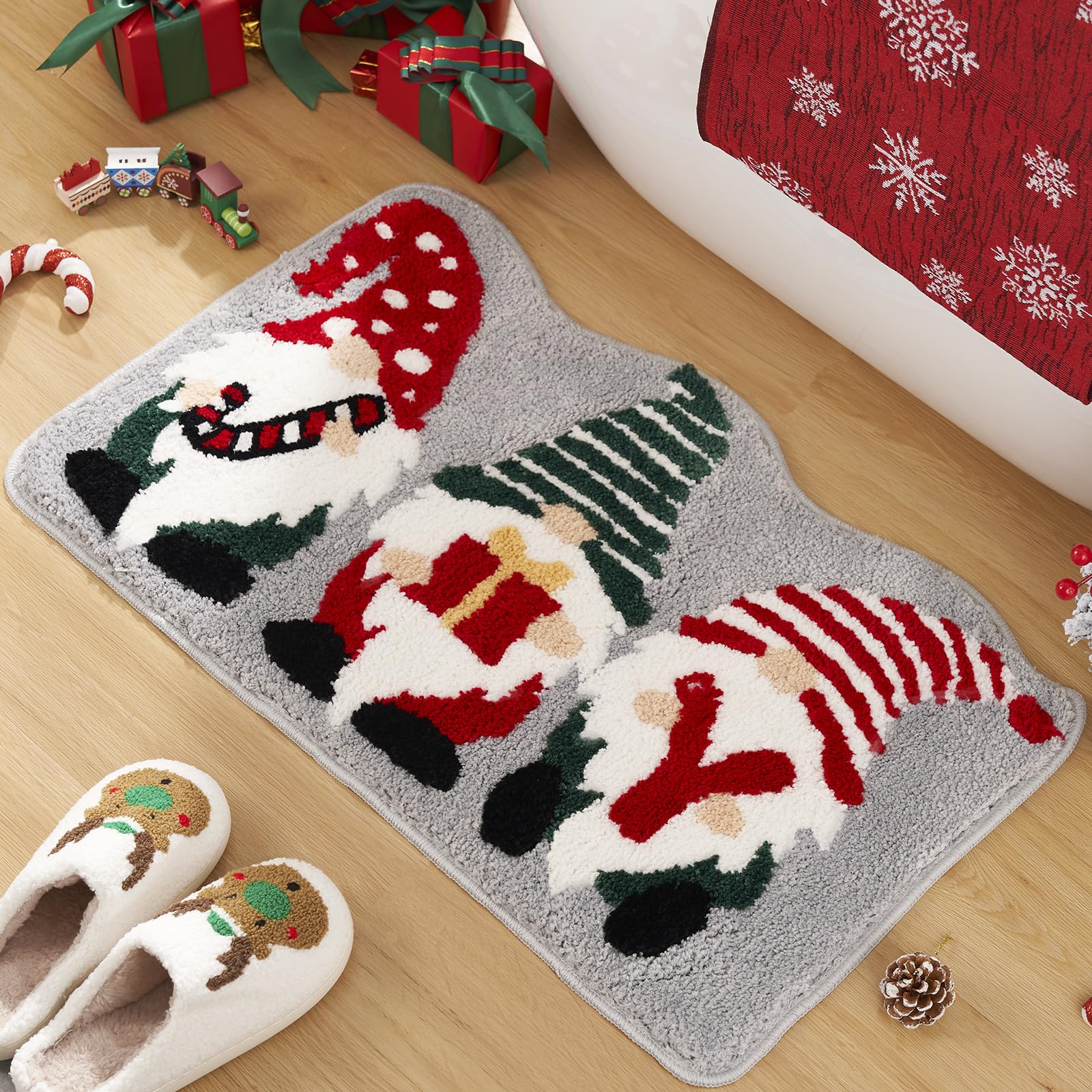 ELDONE Christmas Bathroom Decor Gnomes Rug W Joy Candy Cane Cute Christmas Rug Non-Slip for Winter Holiday Decorations