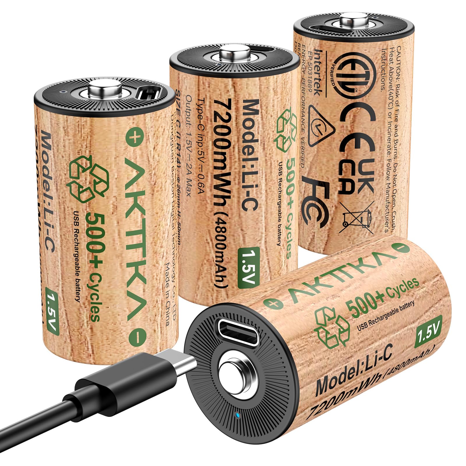 Set da 4 Batterie C / LR14 Ricaricabili – 7200 mWh, 1,5 V al Litio con Cavo USB-C, bassa autoscarica, per torce, luci da campeggio ed emergenza, radio e giocattoli