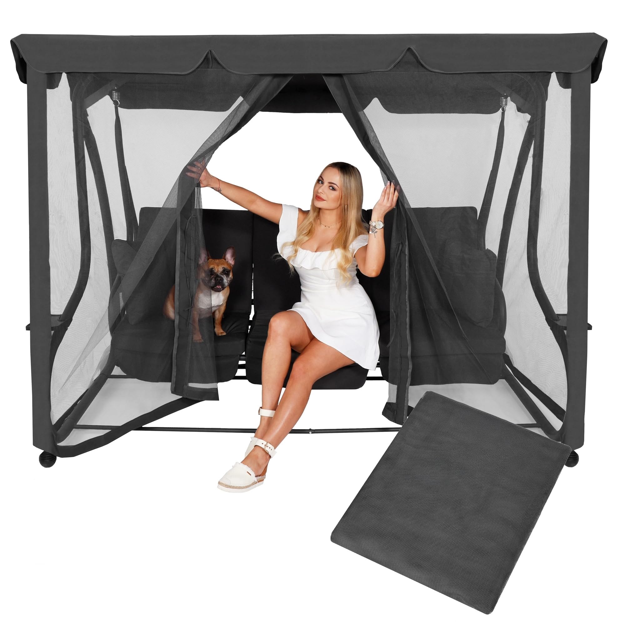 SPRINGOS Zanzariera per altalena da giardino, rete di protezione con cerniera, altezza 165 cm, circonferenza 680 cm, copertura universale per altalena Hollywood, poliestere, grigio scuro