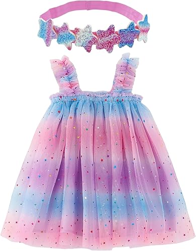 Vestido de tutú arcoíris para niñas pequeñas, vestido de tul en capas, vestido de princesa para niña con diadema de estrella