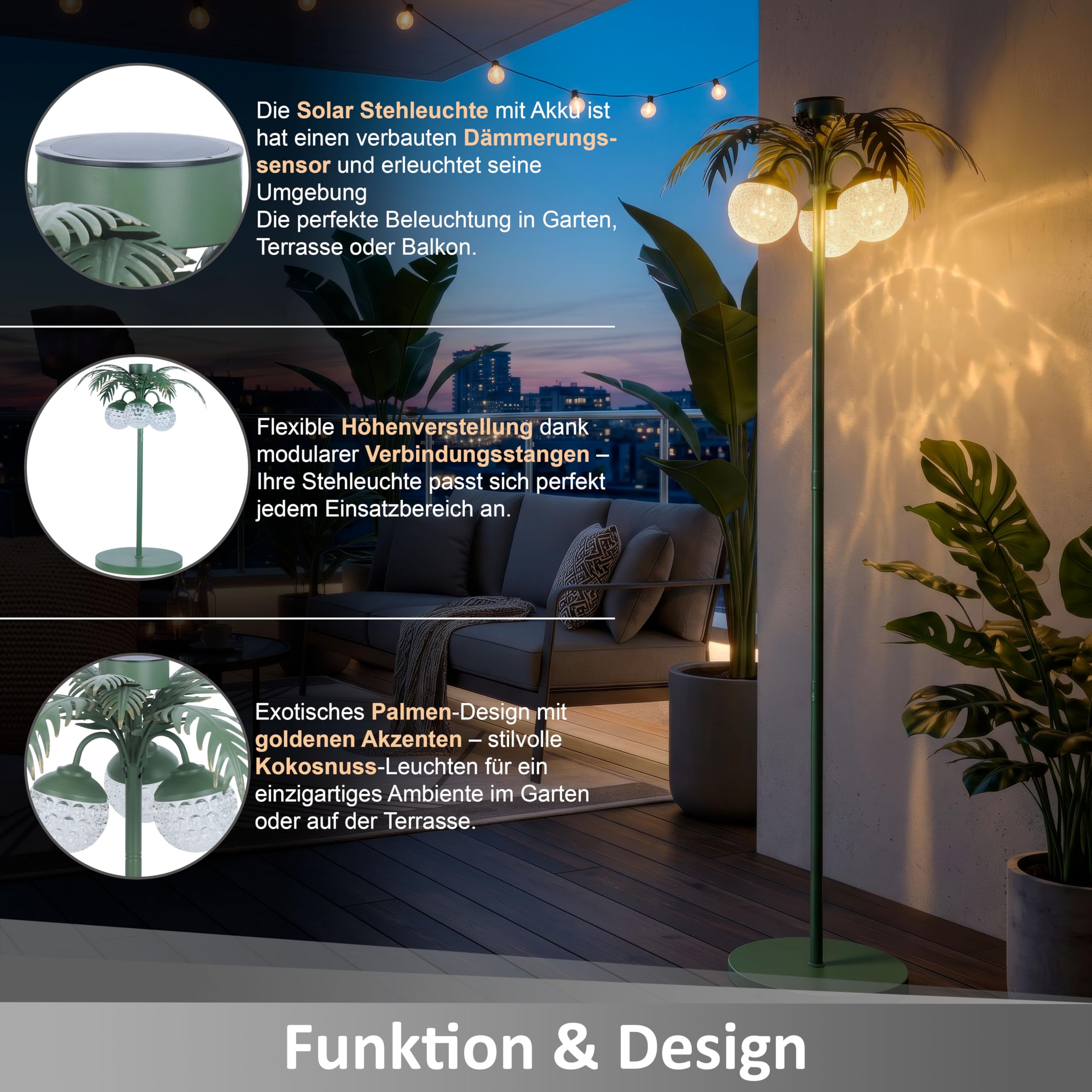 LED Solar Palme Stehleuchte Outdoor LED Gartenlampe mit Dämmerungssensor warmweiß 3000K IP44 wetterfest Balkon Terrasse Garten Solarleuchte mit Akku Metall