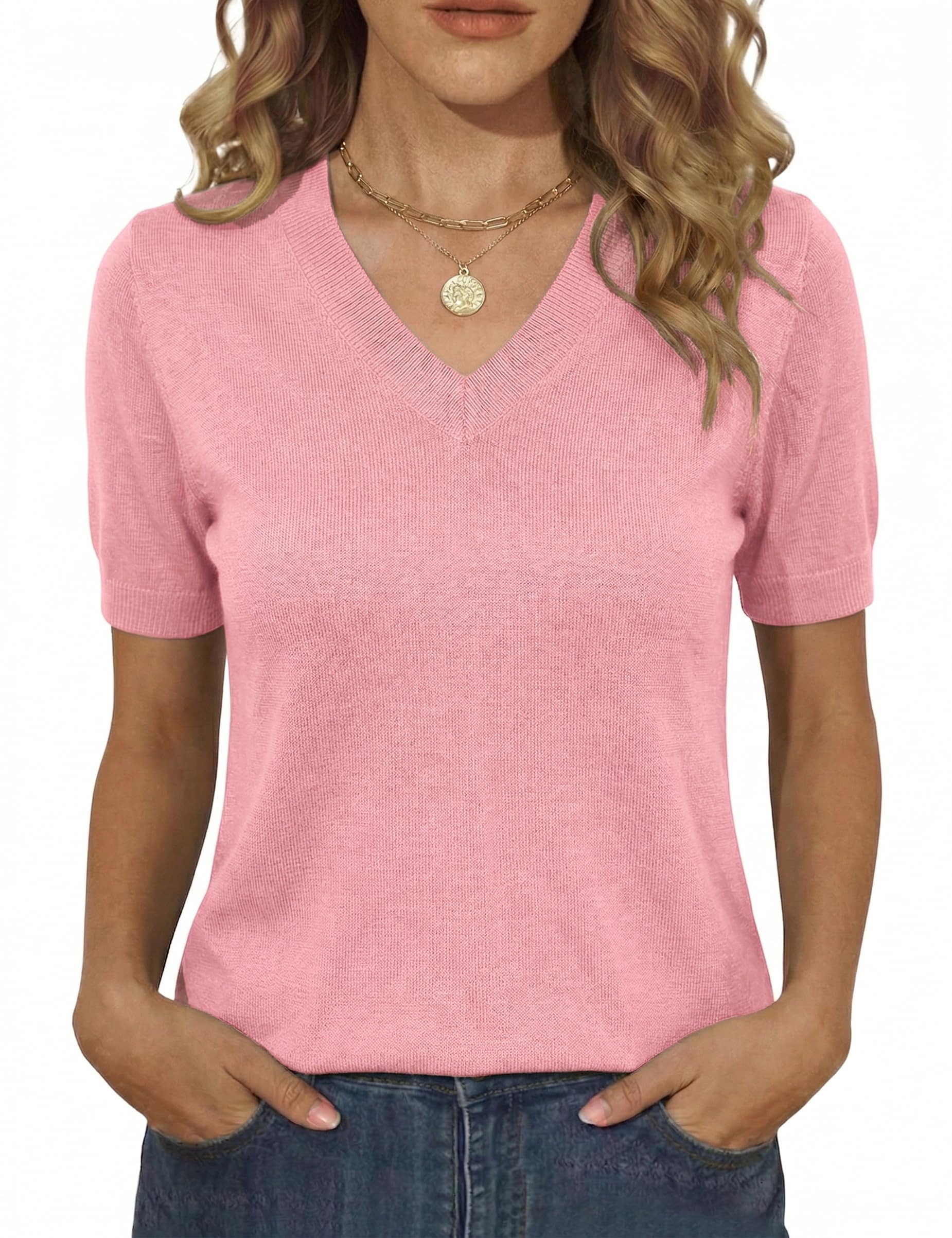 Totatuit Pullover Damen Kurzarm V Ausschnitt Winter Leicht Pulli Unterziehshirt Wolle Blended Strickpullover Damen Geeignet zum Alleintragen im Frühling und Sommer