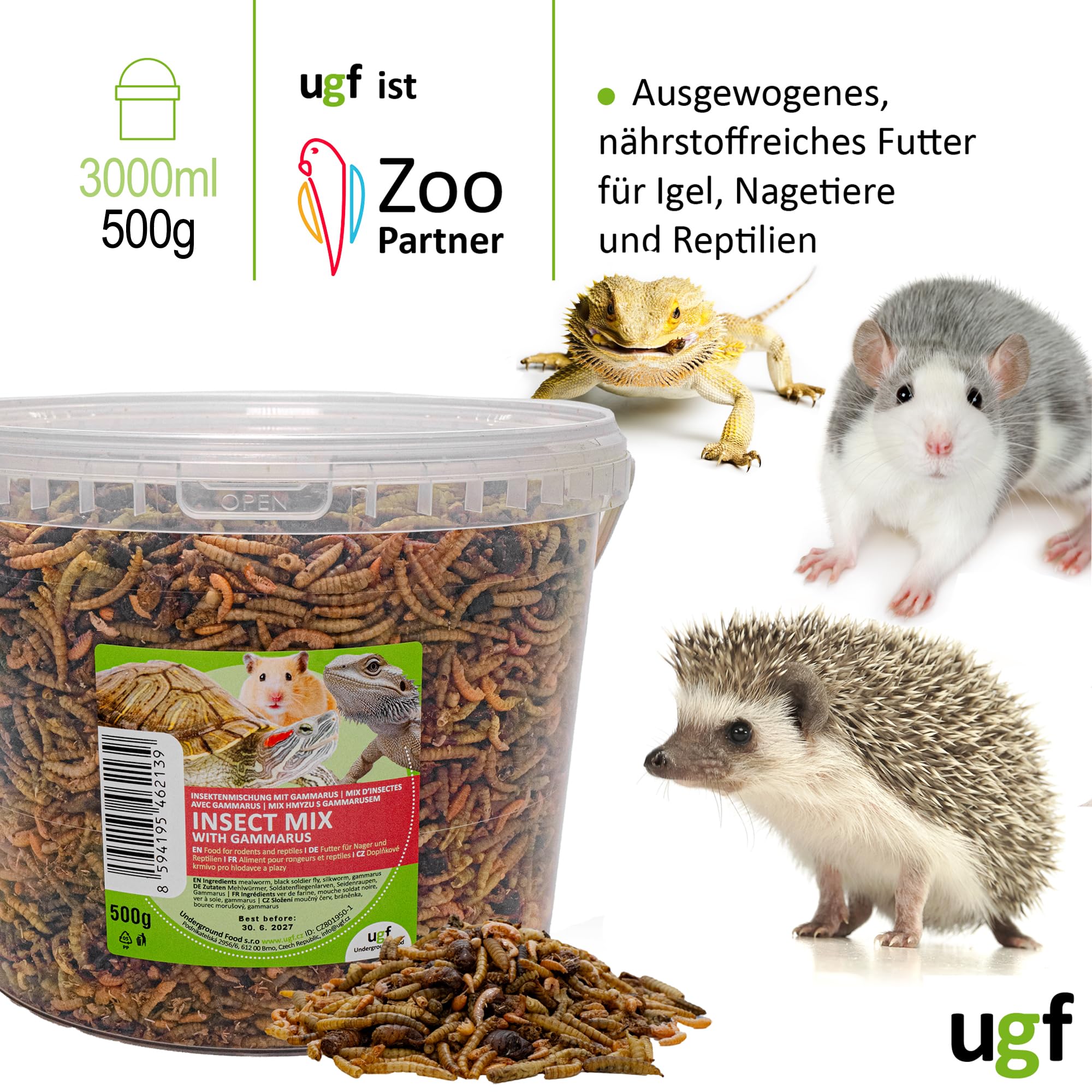 UGF - Mieszanka owadów z kiełżem - 500 g w wiadrze 3-litrowym, pokarm dla jeży, myszoskoczków, chomików, szczurów, jaszczurek - mączniki, larwy muchy żołnierskiej, jedwabniki, kiełż